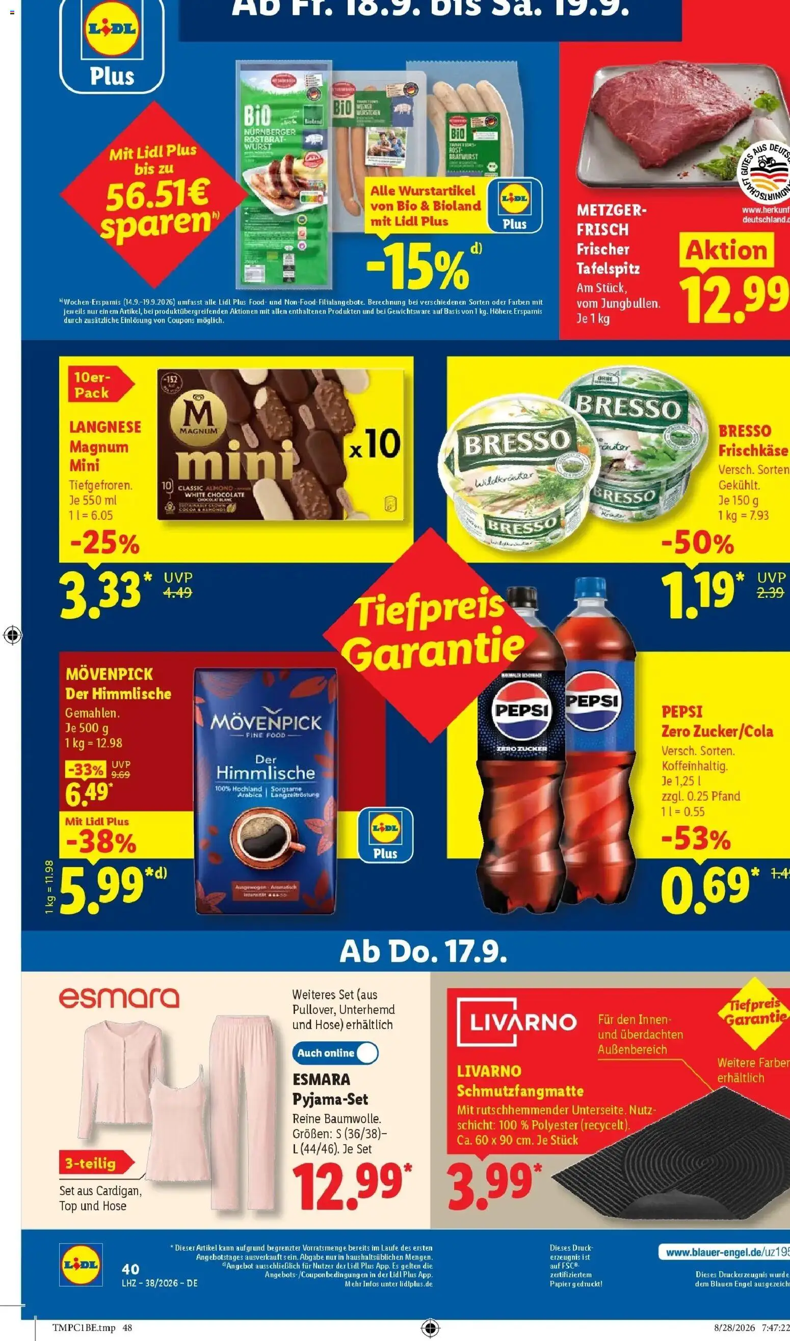 Lidl Prospekt Hagen (ab 14.09.2026) zum Blättern » Angebote | Seite: 72 | Produkte: Tafelspitz, Langnese, Bratwurst, Bresso