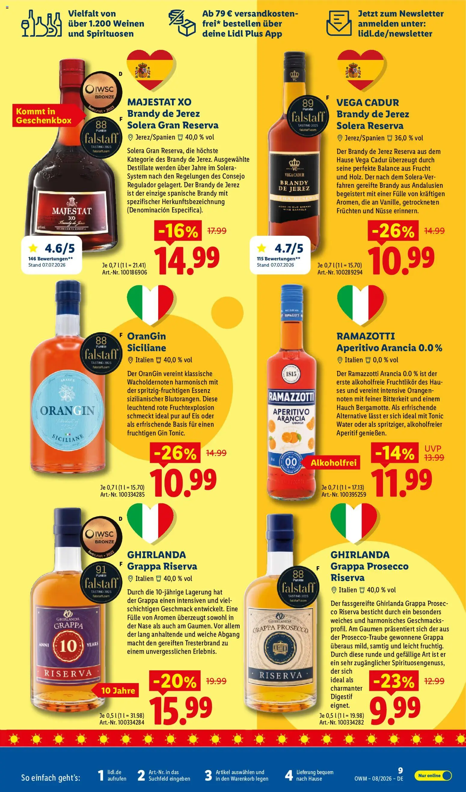 Lidl Německo leták - Wein & Spirituosen od 01.08.2026 | Strana: 9 | Produkty: Prosecco, Gin, Brandy, Tonic