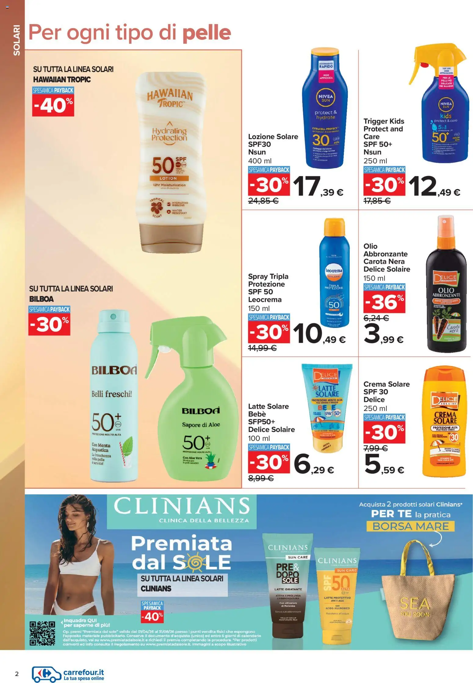 Volantino Carrefour del 10/07/2026 | Pagina: 2 | Prodotti: Crema solare, Carota, Latte, Olio