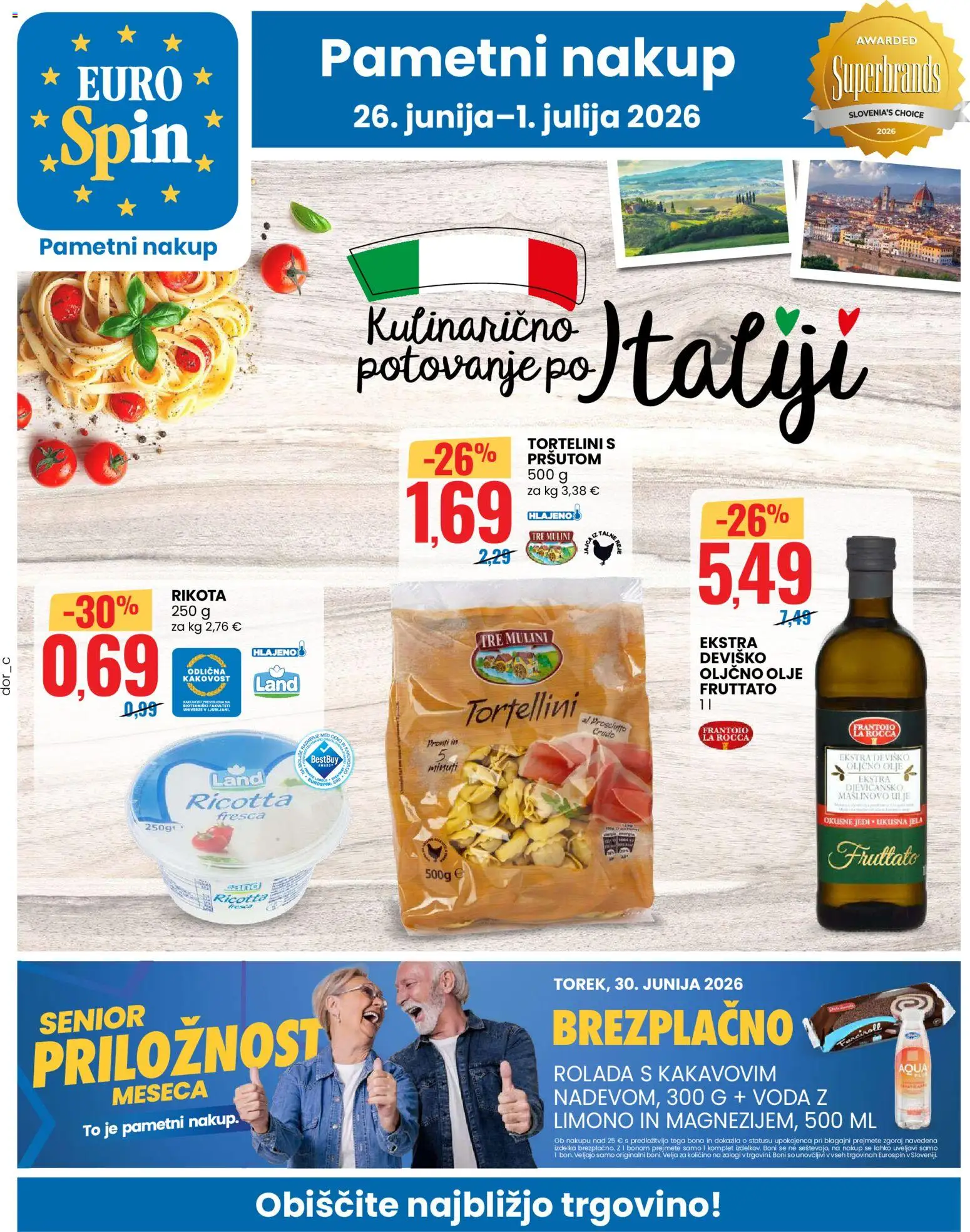 Novi Eurospin katalog ponudbe – veljaven od 26.06.2026 | Stran: 1 | Izdelki: Oljčno olje, Rolada, Olje, Voda