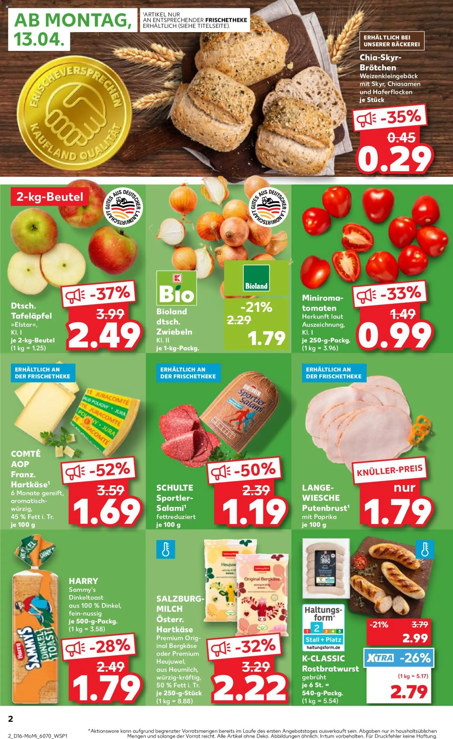 Kaufland Prospekt – gültig ab 13.04.2026 | Seite: 2 | Produkte: Toast, Tomaten, Zwiebeln, Paprika
