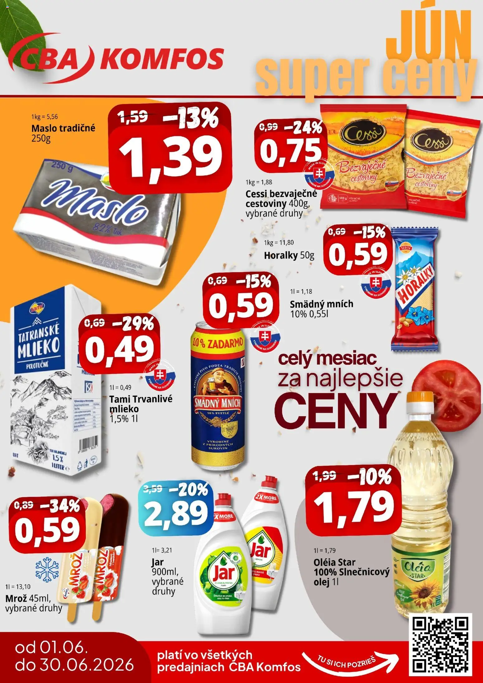 Nové CBA Komfos akcie – leták je platný od 01.06.2026 | Strana: 1 | Produkty: Olej, Cestoviny, Apple, Smädný Mních
