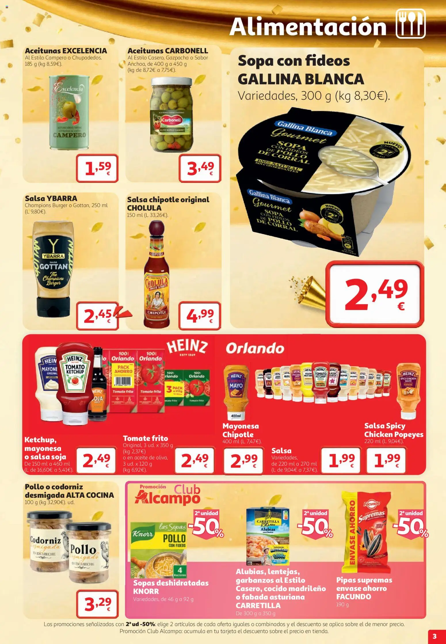 Alcampo folleto Mataró │ válido desde el 22/10/2026 | Página: 3 | Productos: Kétchup, Tomate, Fideos, Pollo
