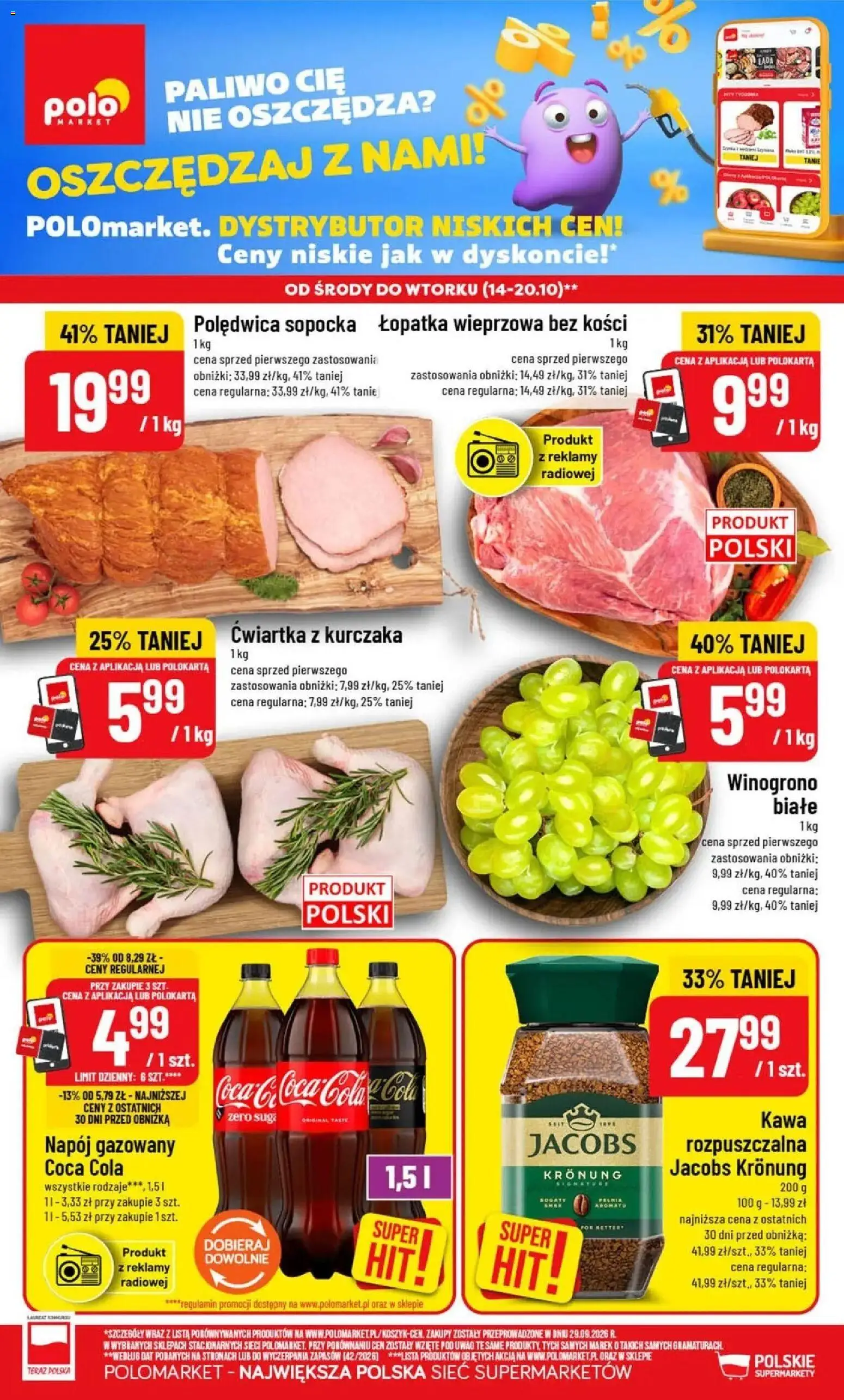 Nowa POLOmarket gazetka od jutra 14.10.2026 | Strona: 1 | Produkty: Winogrono, Jacobs, Łopatka wieprzowa, Ćwiartka z kurczaka