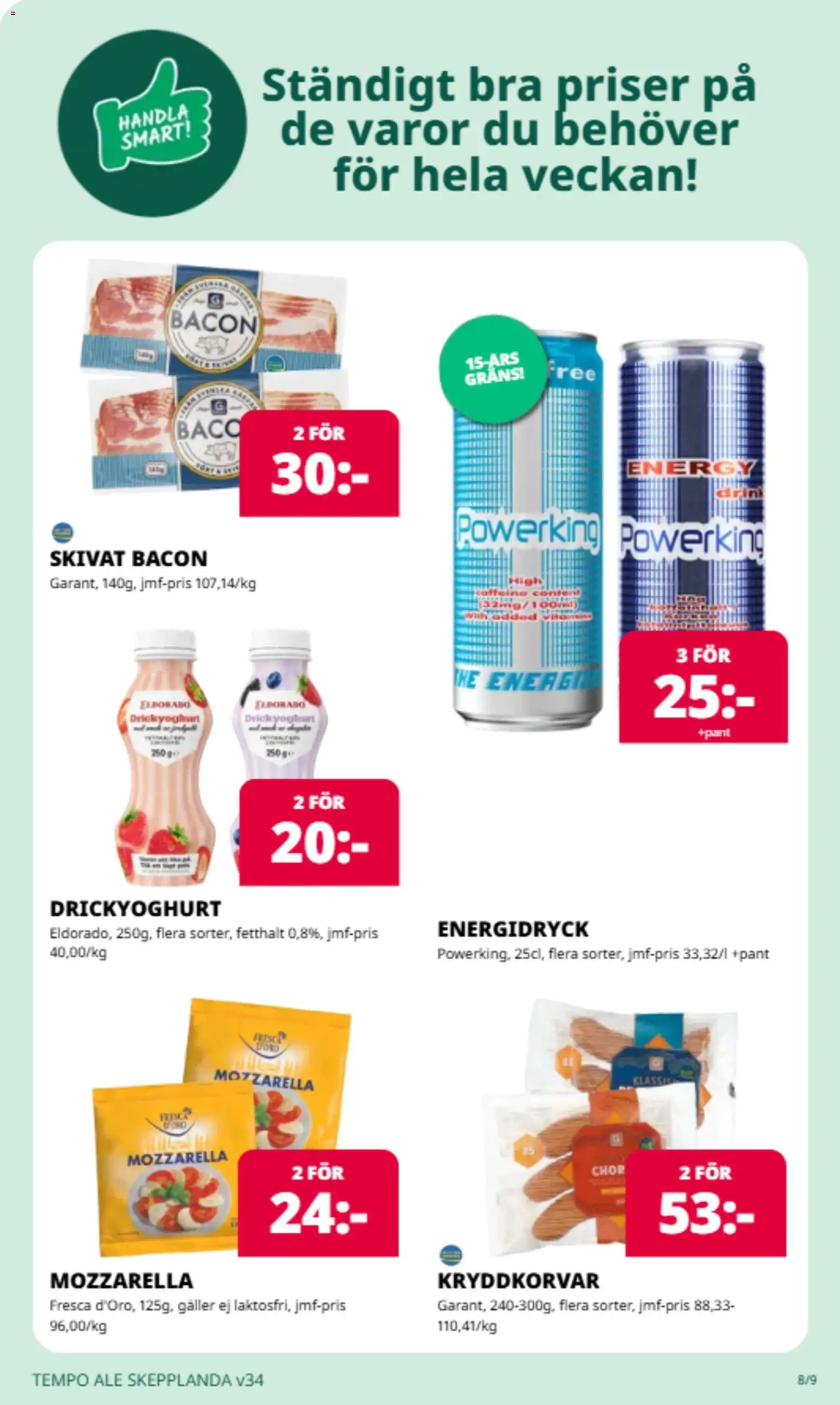 Tempo reklamblad aktuell från 17/08/2026 | Sida: 8 | Produkter: Mozzarella, Bacon, Galler, Energidryck