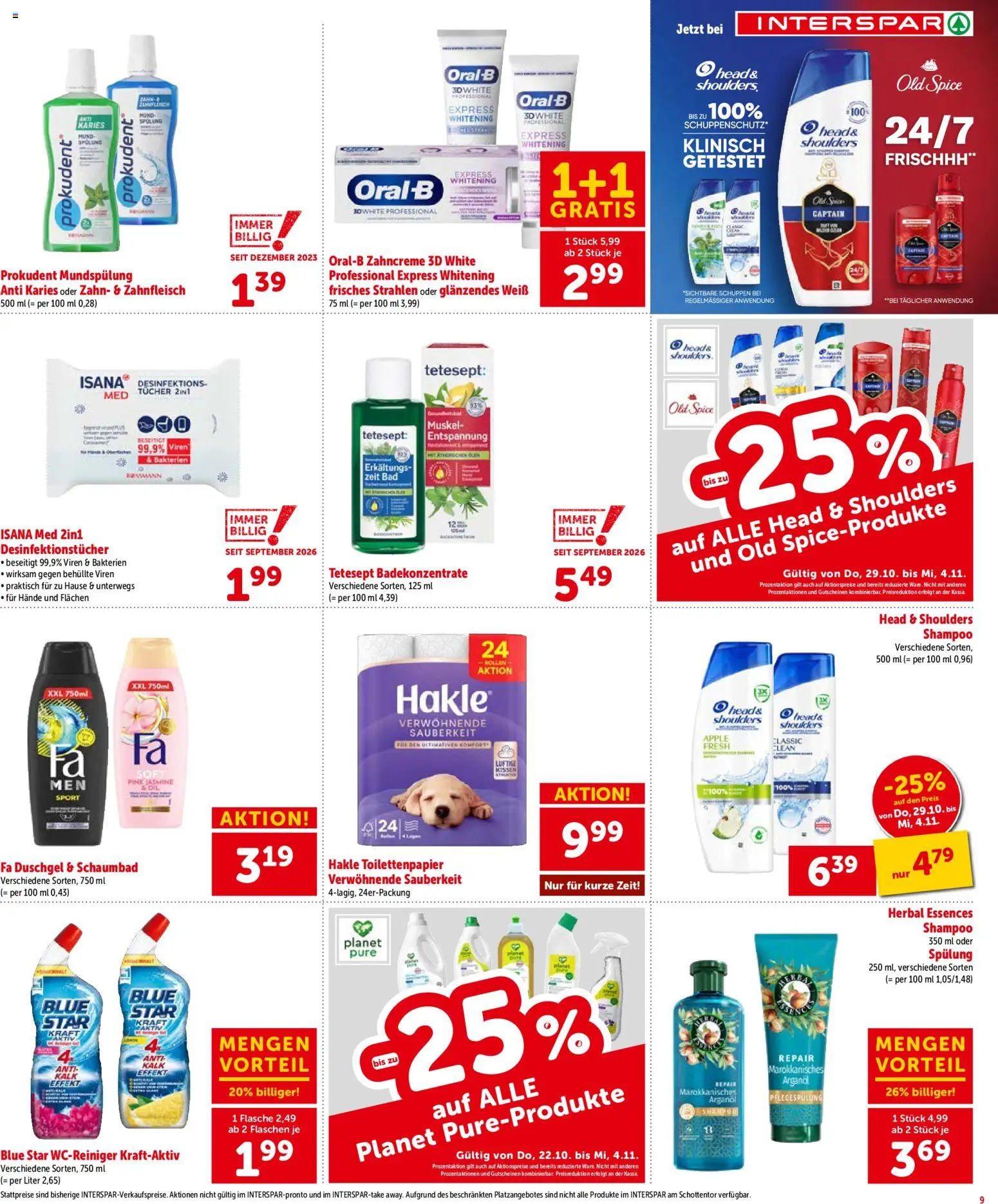 Interspar Broschüre gültig ab 27.10.2026 | Seite: 9 | Produkte: Desinfektionstücher, Shampoo, Spülung, Duschgel