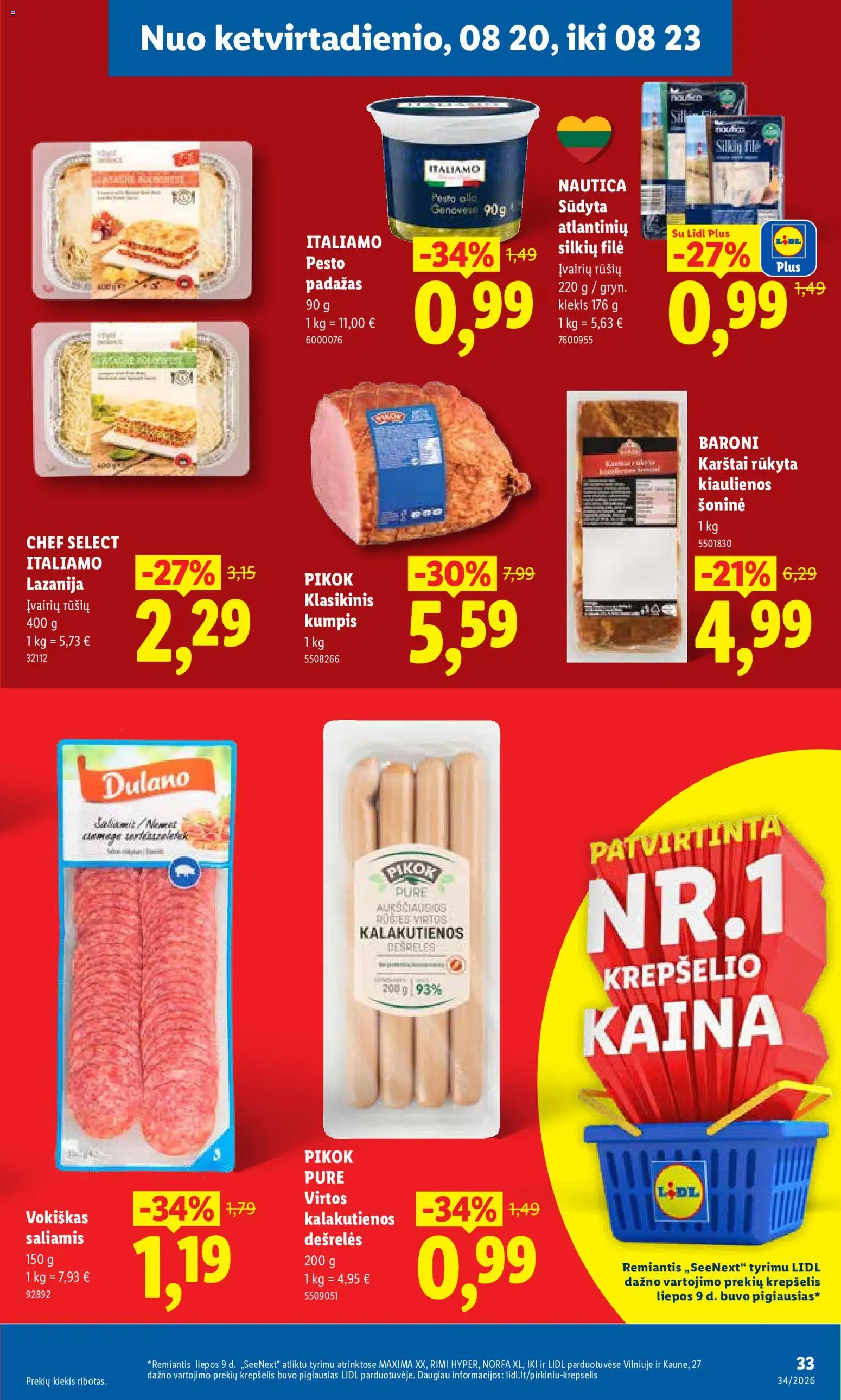 LIDL akcijos nuo 2026.08.17 | Puslapis: 33 | Prekių: Kiaulienos, Dešrelės, Saliamis, Krepšelis