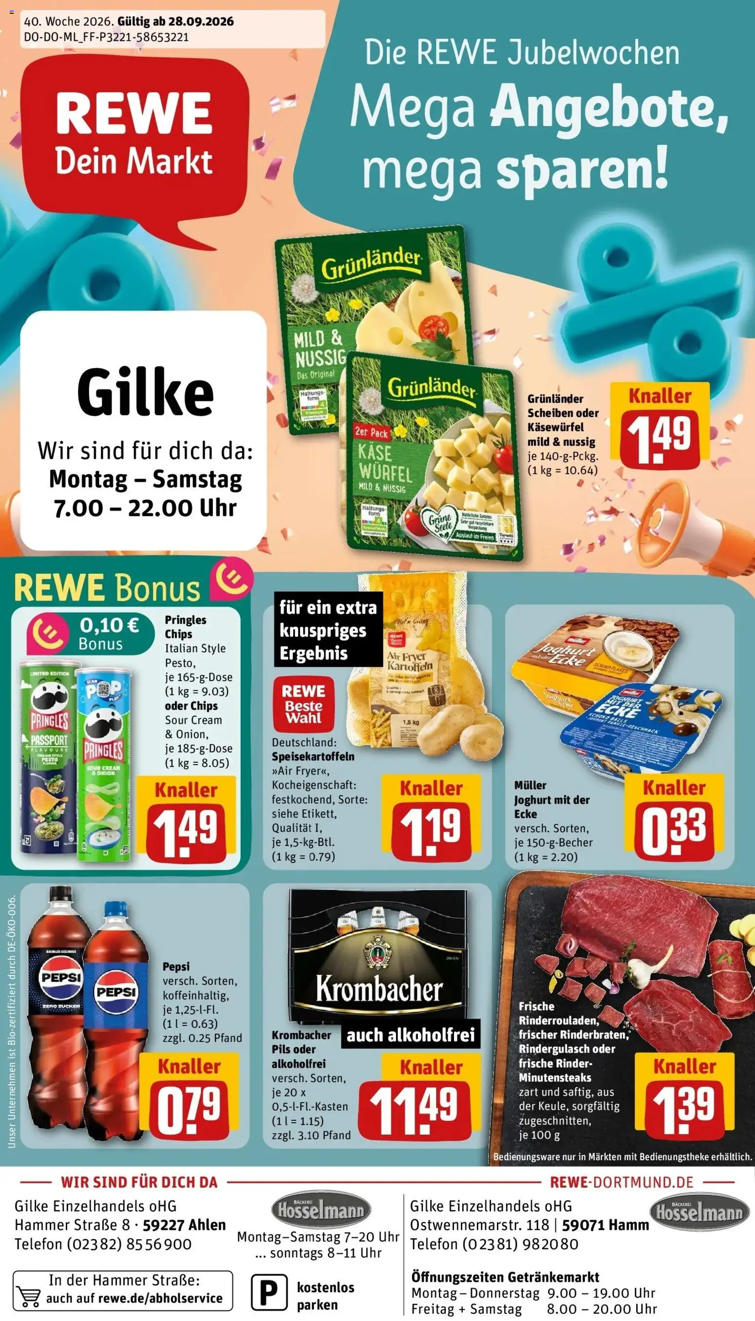 REWE Prospekt ab 28.09.2026 zum Blättern » Angebote | Seite: 1 | Produkte: Rindergulasch, Pils, Grunlander, Uhr