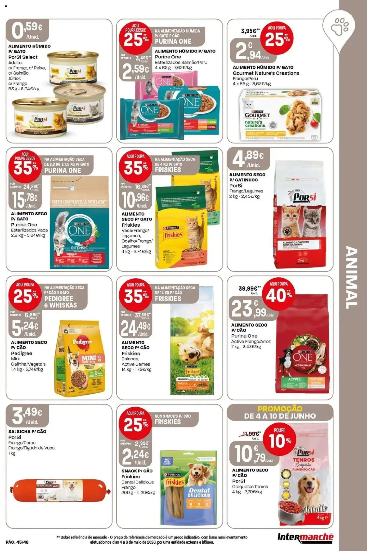 Intermarché - Isto é que são preços BAIXOS! │ válido de 04/06/2026 | Página: 45 | Produtos: Purina one, Frango, Base, Salsicha