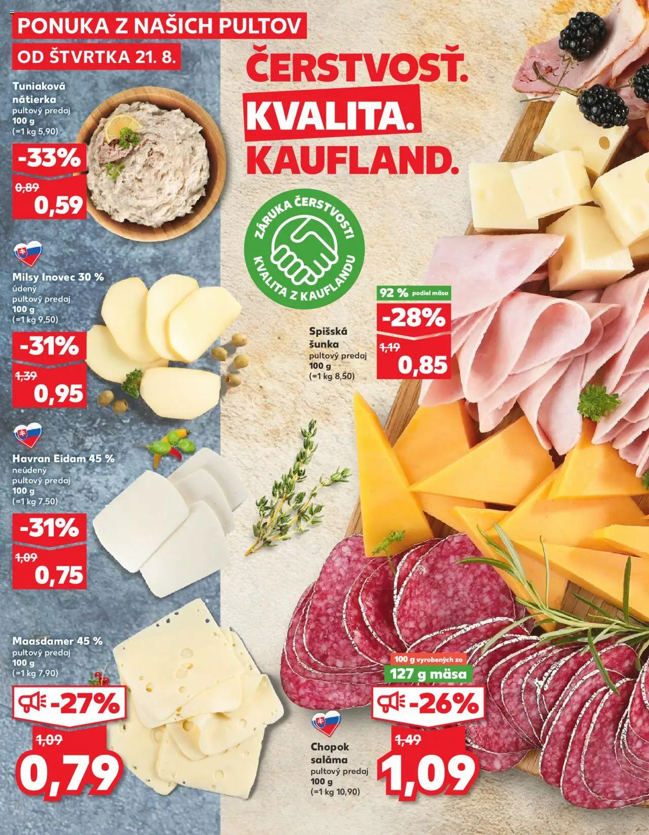 Nové Kaufland akcie – leták je platný od 21.08.2025 | Strana: 18 | Produkty: Saláma, Šunka, Eidam, Nátierka
