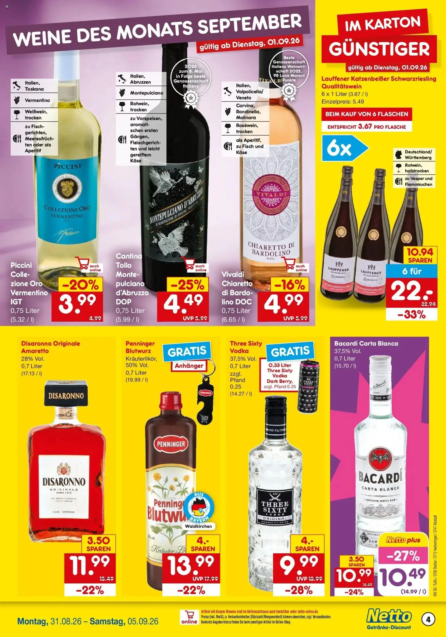 Netto Marken-Discount Prospekt Albstadt-Onstmettingen (ab 31.08.2026) » Angebote | Seite: 4 | Produkte: Bacardi, Rum, Fisch, Vodka