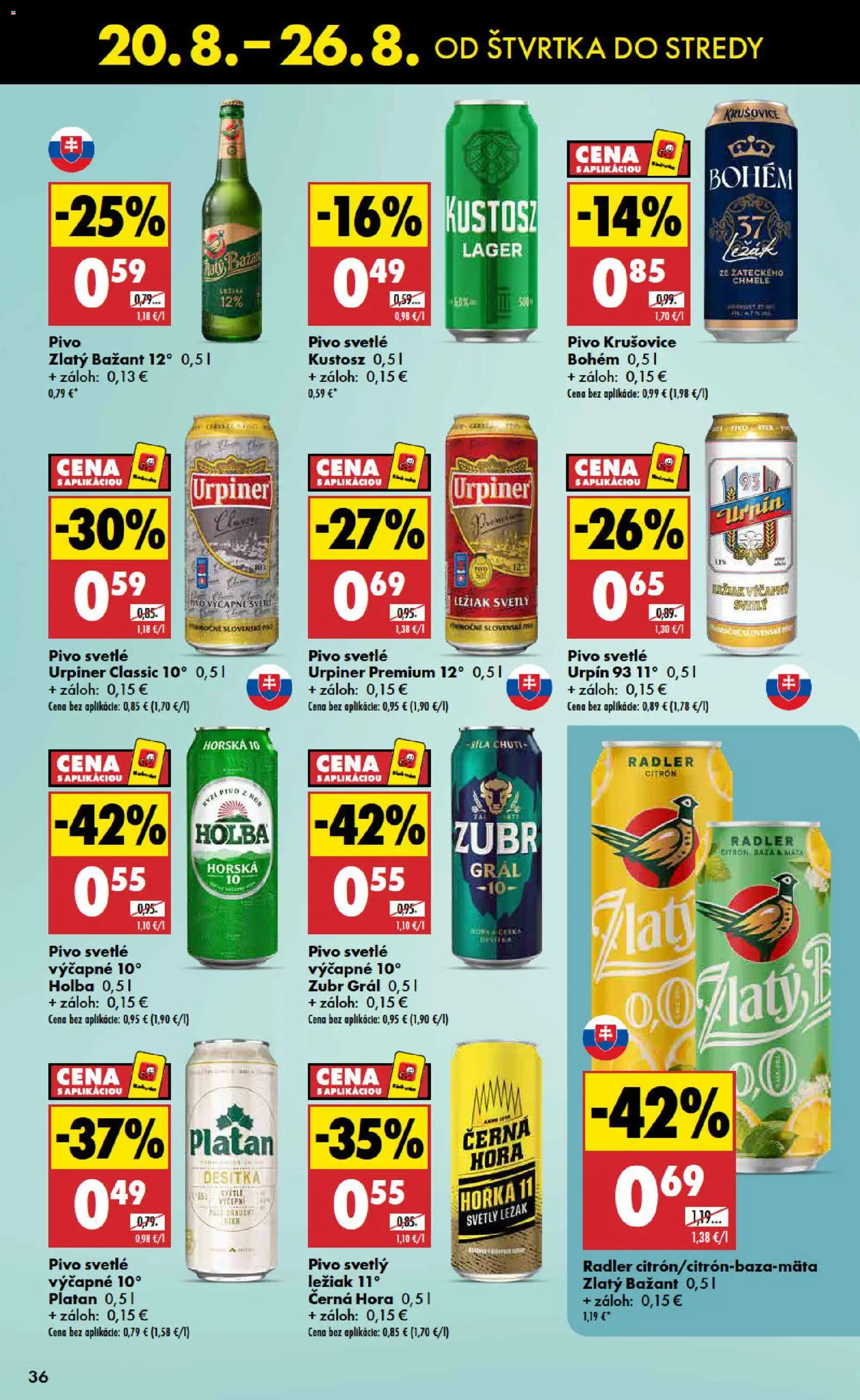 Nové Biedronka akcie – leták je platný od 20.08.2026 | Strana: 36 | Produkty: Radler, Krušovice, Zlatý Bažant, Urpiner