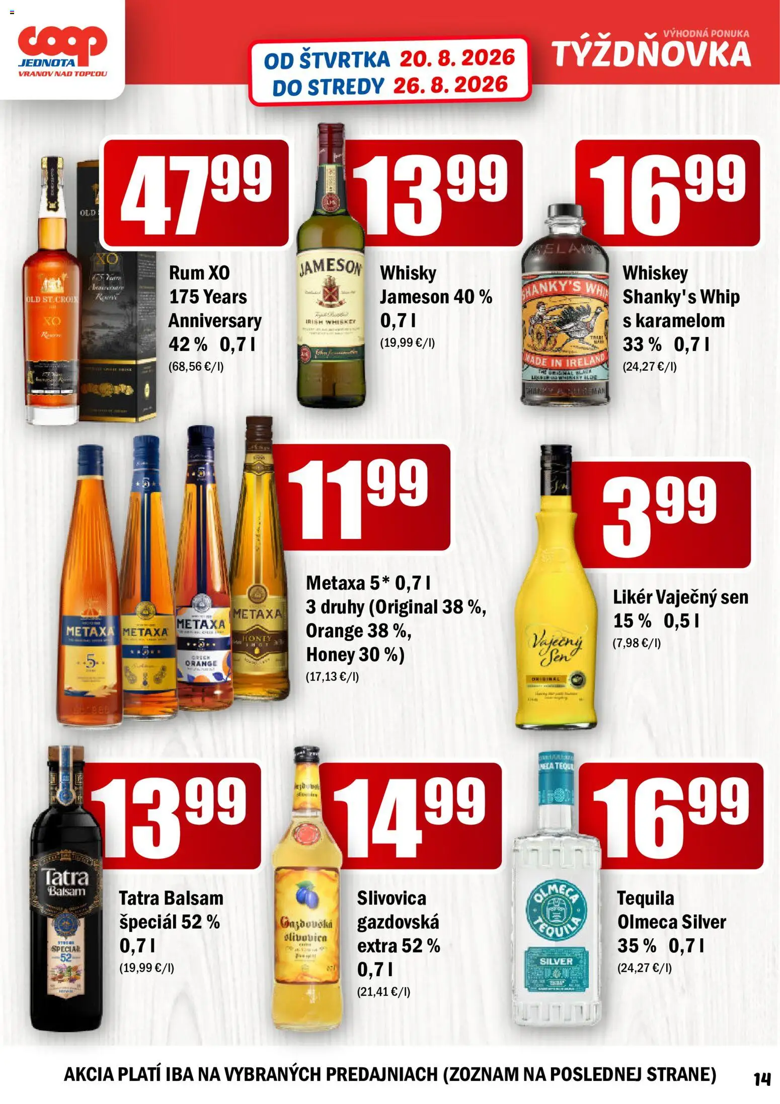 Nové COOP Jednota akcie – leták je platný od 20.08.2026 | Strana: 14 | Produkty: Jameson, Metaxa, Metaxa 5*, Vaječný sen