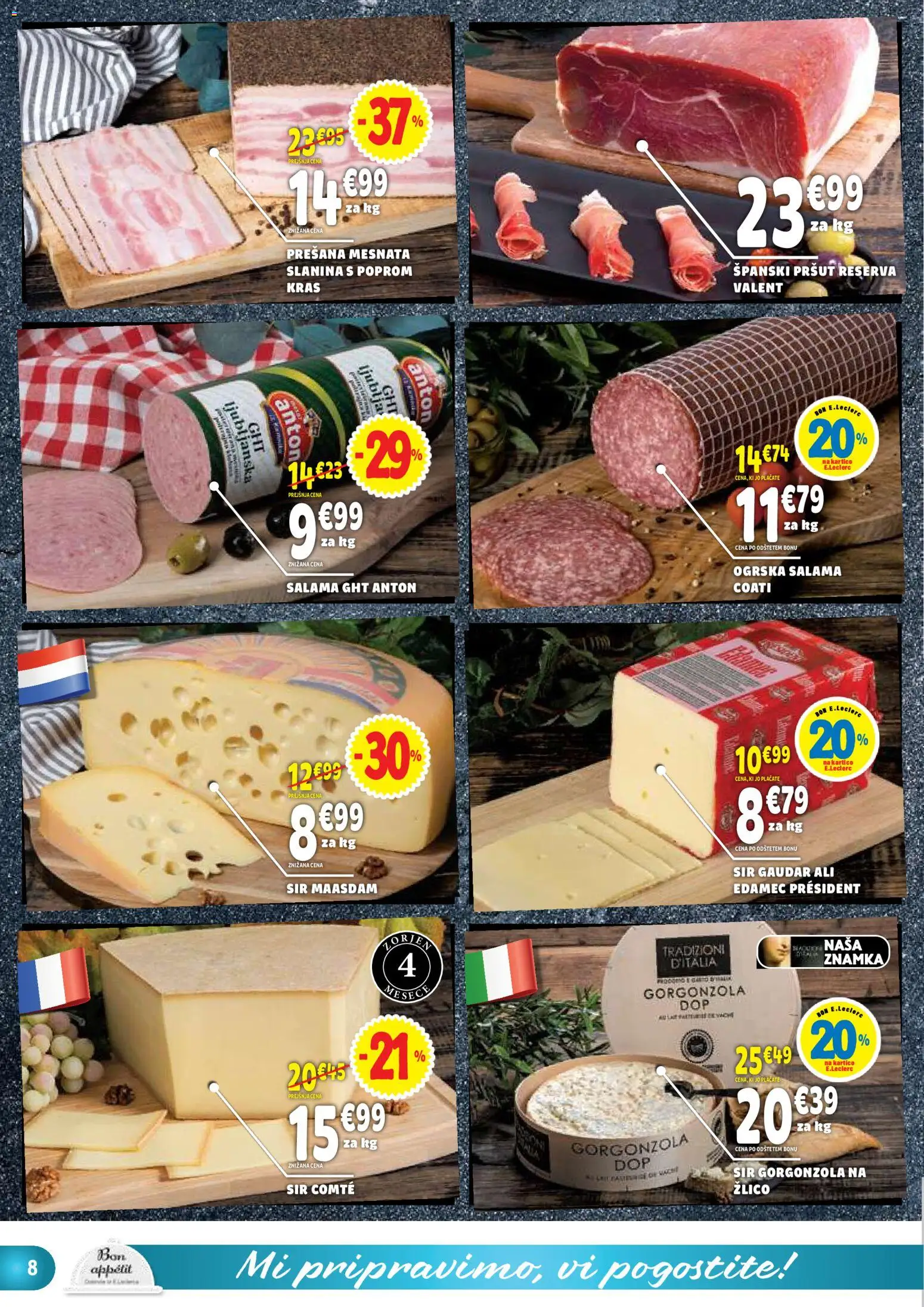 Novi E.leclerc katalog ponudbe – veljaven od 19.08.2026 | Stran: 8 | Izdelki: Pršut, Edamec, Sir, Salama