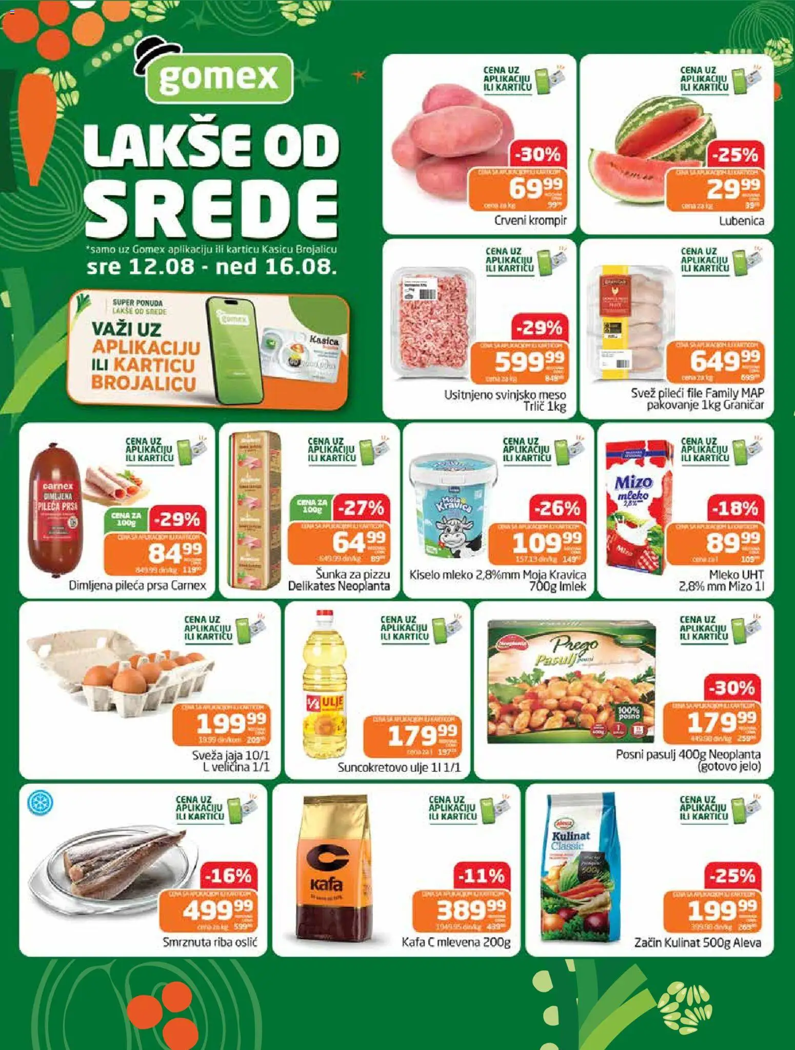 Gomex katalog - važi od 12.08.2026 | Strana: 1 | Proizvode: Pasulj, Dimljena pileća prsa, Mleko, Kafa