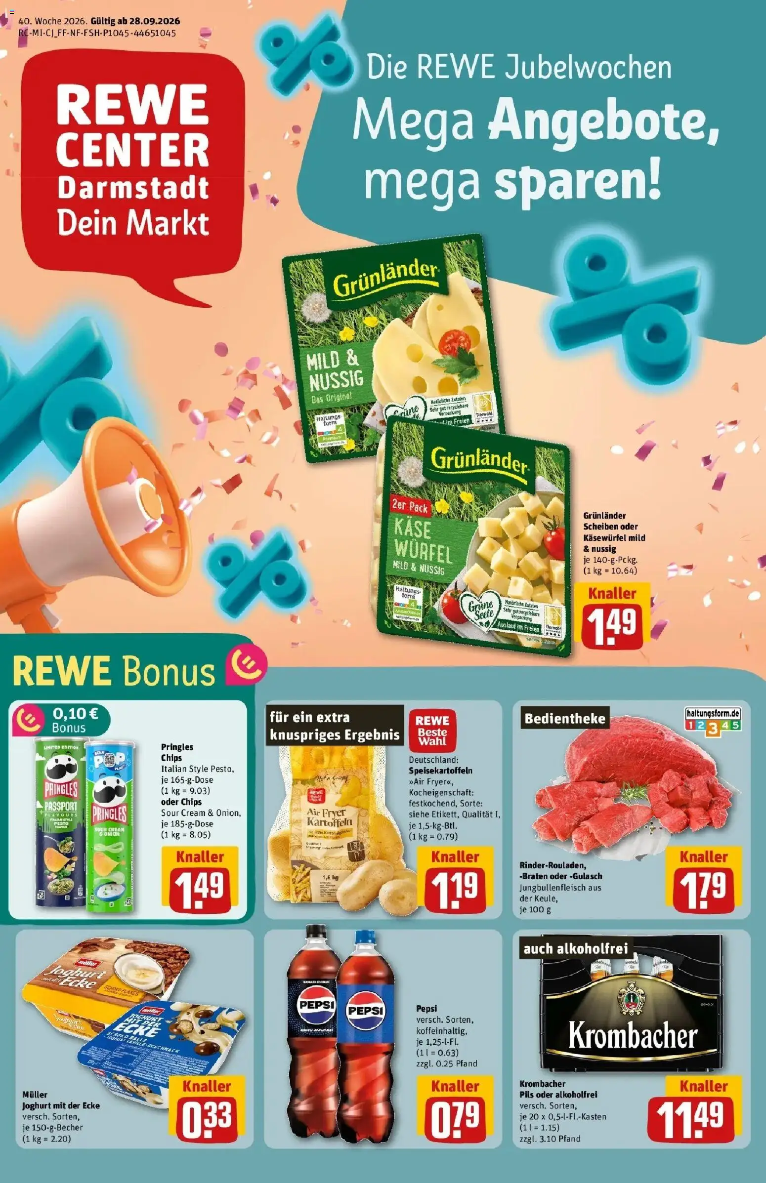 REWE Prospekt ab 28.09.2026 zum Blättern » Angebote | Seite: 1 | Produkte: Käse, Joghurt, Pils, Zucker