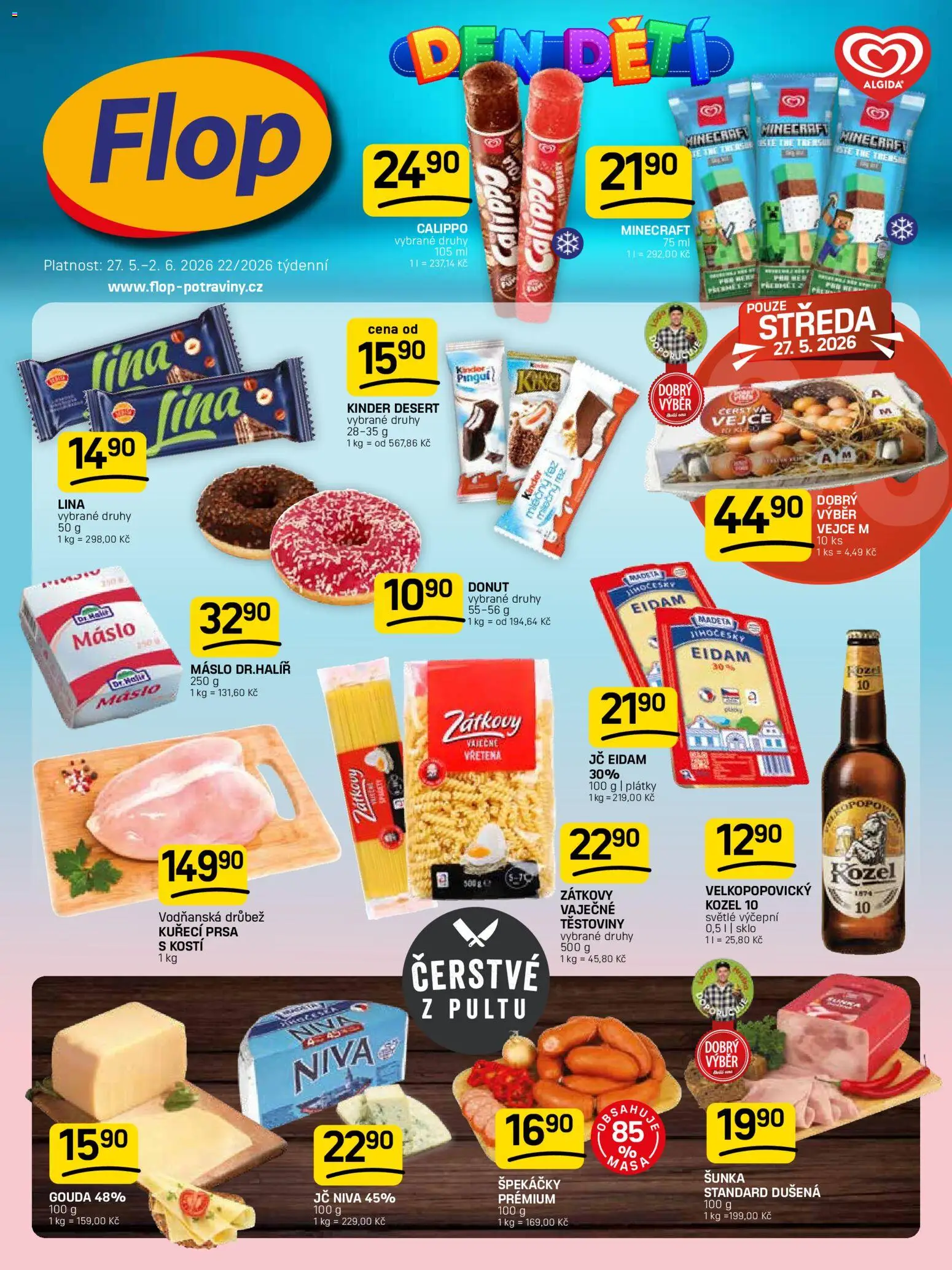 Flop leták od 27.05.2026 | Strana: 1 | Produkty: Kuřecí prsa, Gouda, Máslo, Šunka