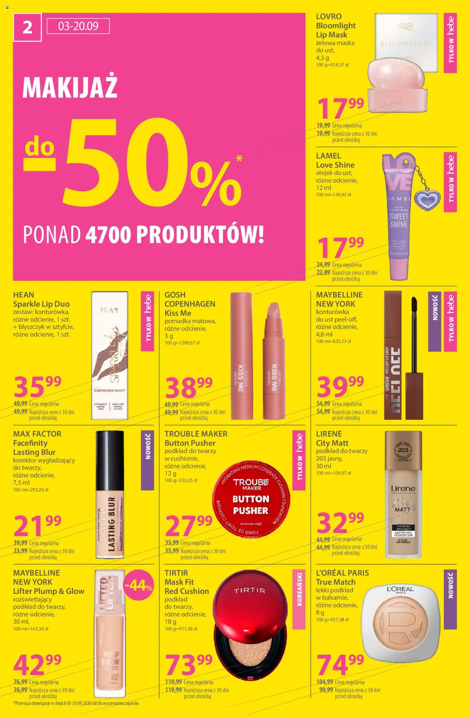 Hebe gazetka od 14.09.2026 | Strona: 2 | Produkty: Pomadka, Makijaż, Korektor, Podkład do twarzy