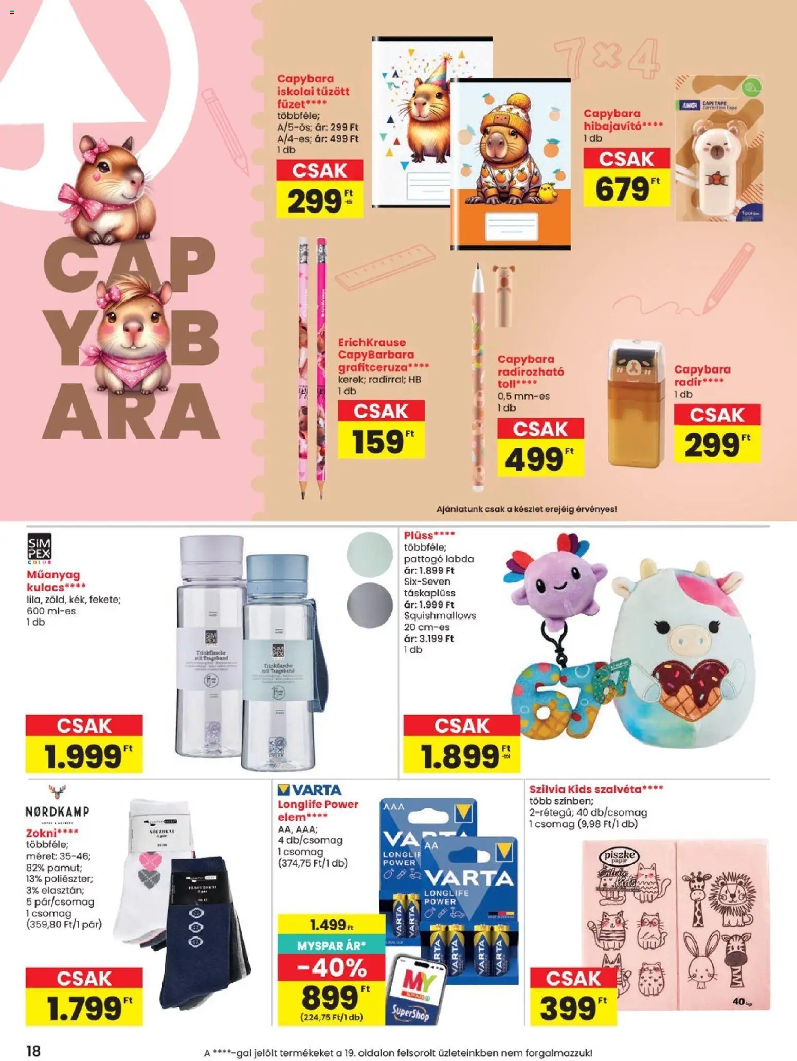 Spar akciós ujság - amely érvényes a következő dátumtól: 2026.08.13. | Oldal: 18 | Termékek: Szalvéta, Kulacs, Elem, Zokni