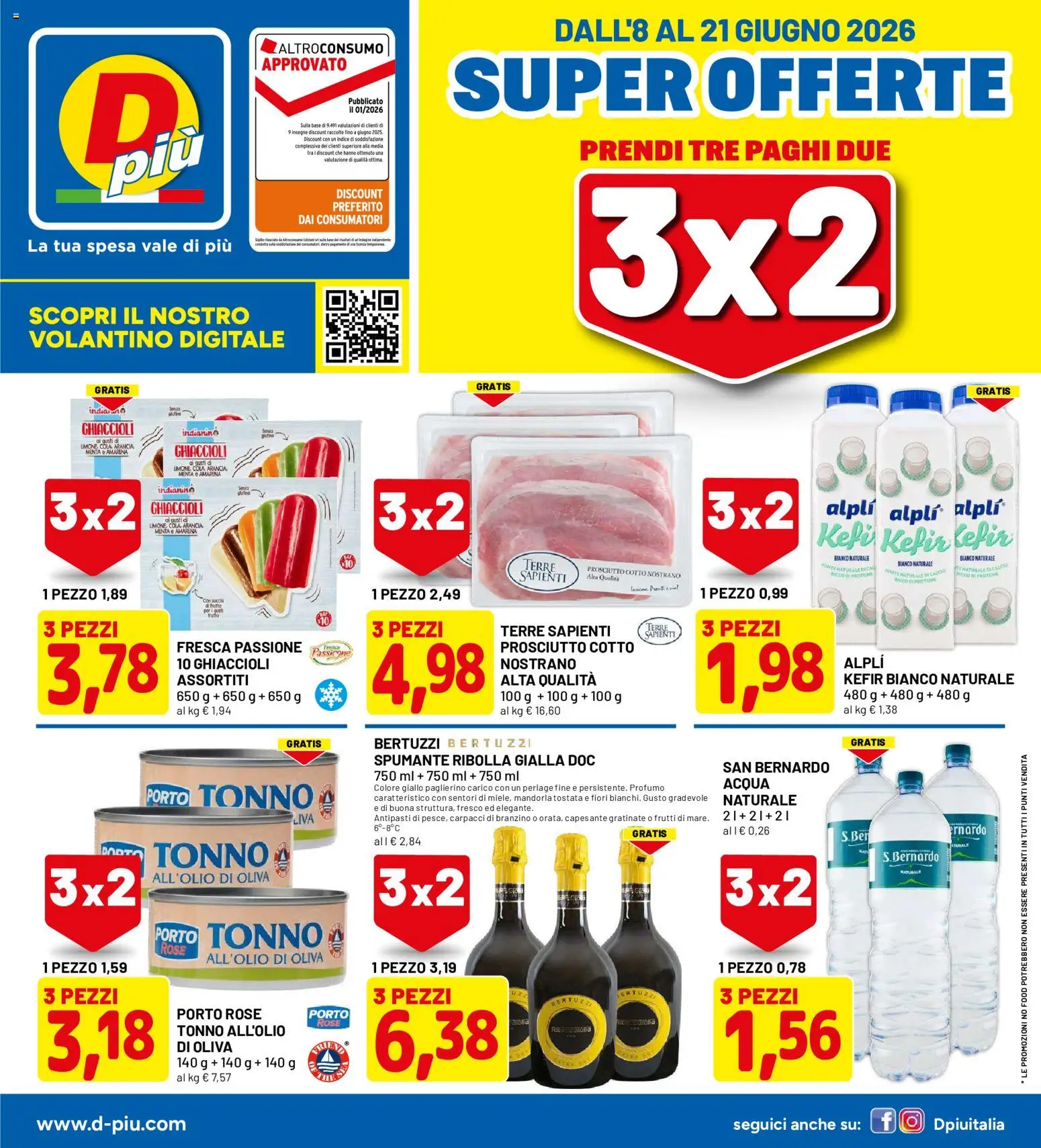Volantino D Più del 08.06.2026 | Pagina: 1 | Prodotti: Acqua, Spumante, Tonno, Menta