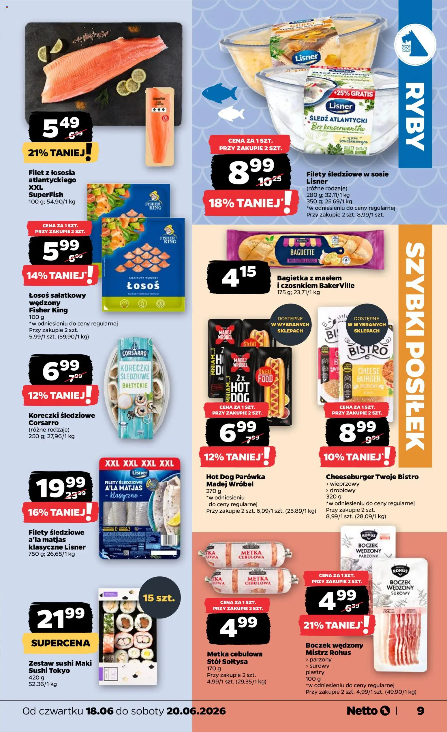 Netto gazetka od czwartku spożywcza od 18.06.2026 | Strona: 9 | Produkty: Boczek wędzony, Łosoś, Stół, Filet z łososia