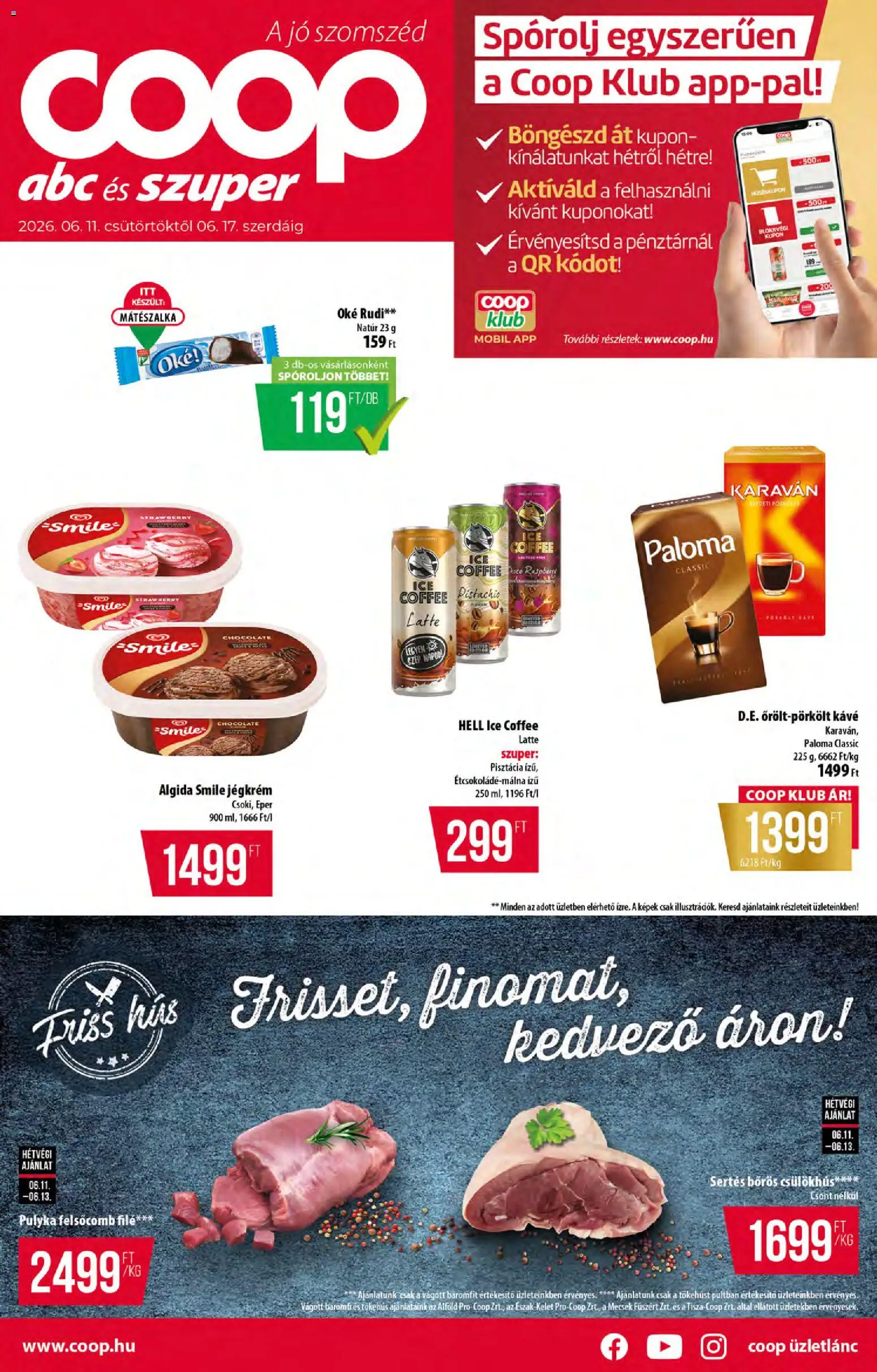 COOP akciós ujság - amely érvényes a következő dátumtól: 11.06.2026 | Oldal: 1 | Termékek: Hús, Pisztácia, Kávé, Eper