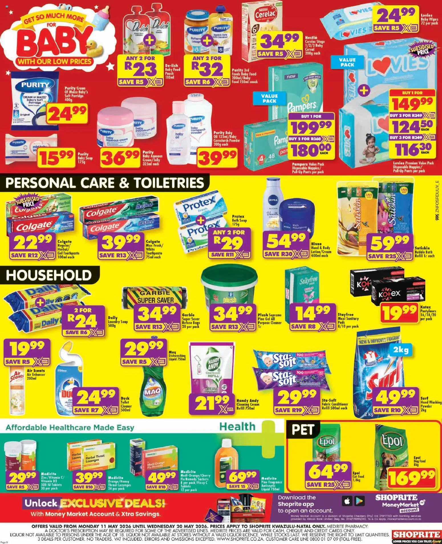 New Shoprite catalogue – valid from 11.05.2026 | Page: 8 | Products: Toilet, Air freshener, Toothpaste, Lotion