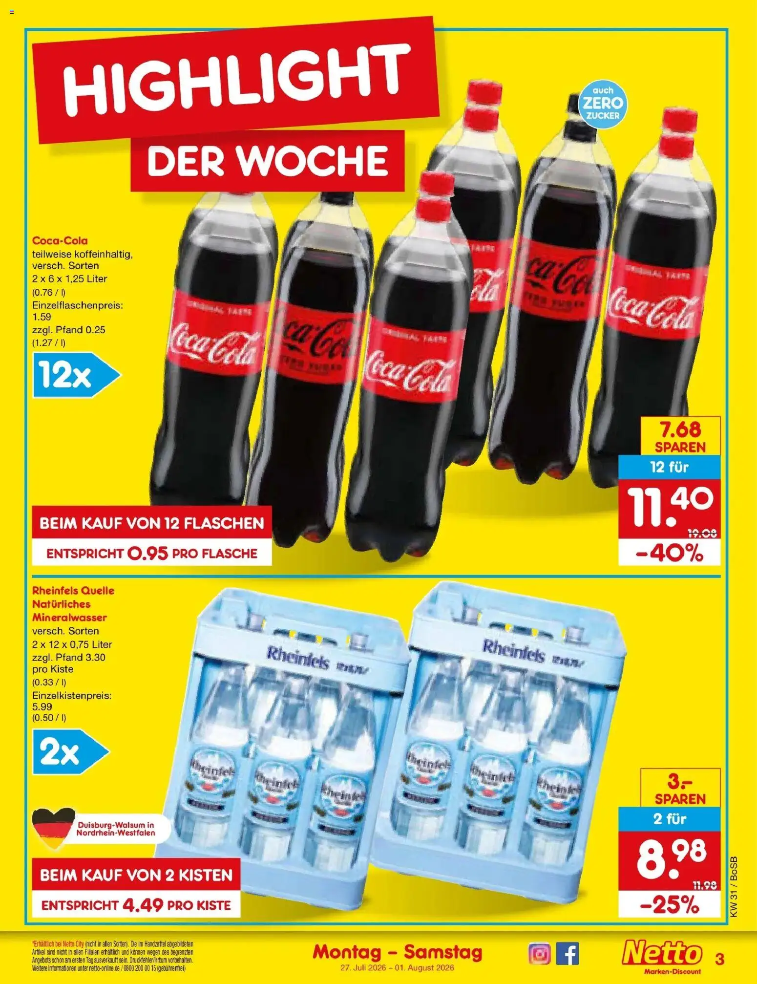 Netto Marken-Discount Prospekt Bochum – gültig ab 27.07.2026 | Seite: 3 | Produkte: Coca cola, Cola, Mineralwasser, Rheinfels quelle