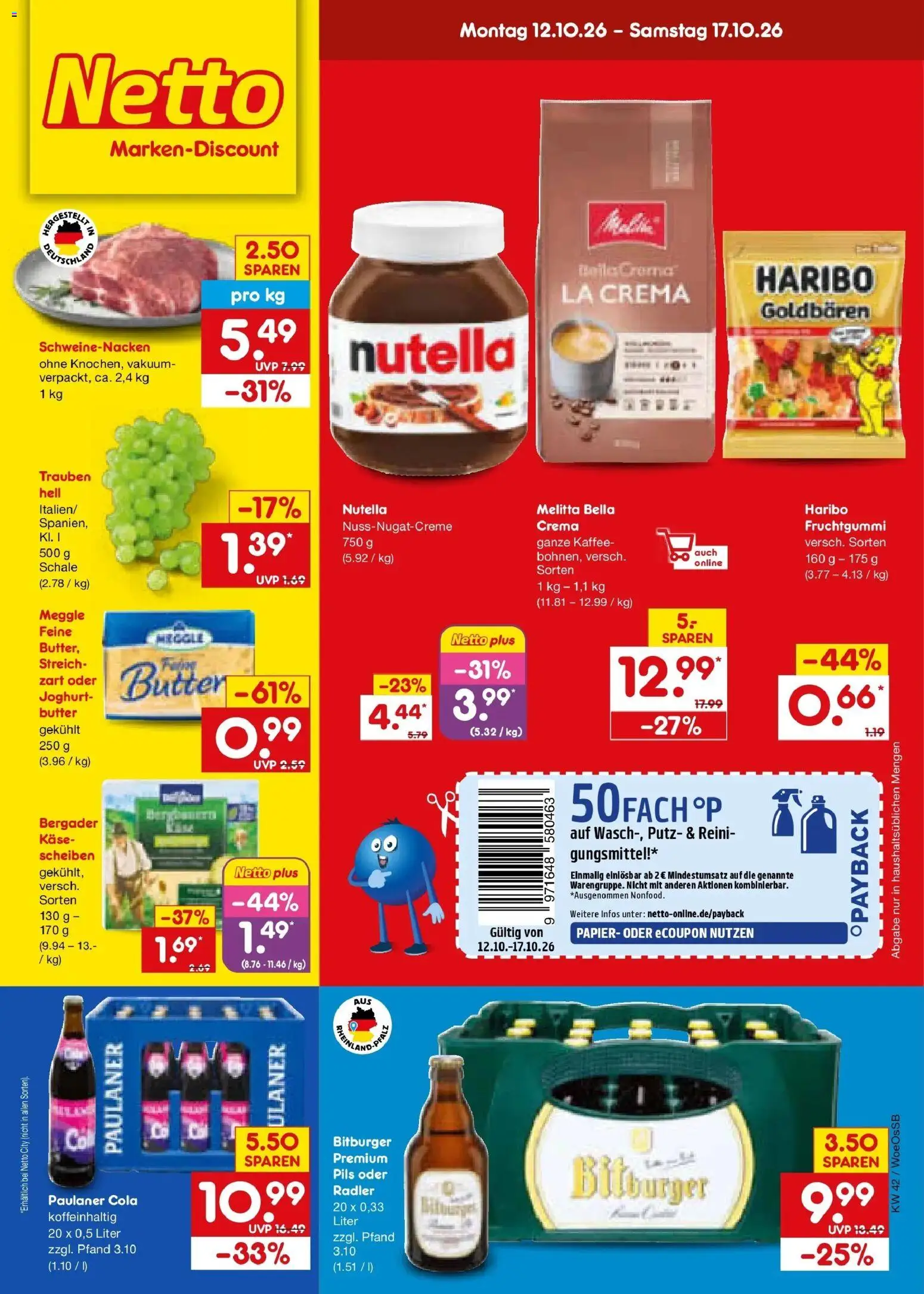 Netto Marken-Discount Prospekt Gemmingen (ab 12.10.2026) » Angebote | Seite: 1 | Produkte: Melitta, Cola, Käse, Pils