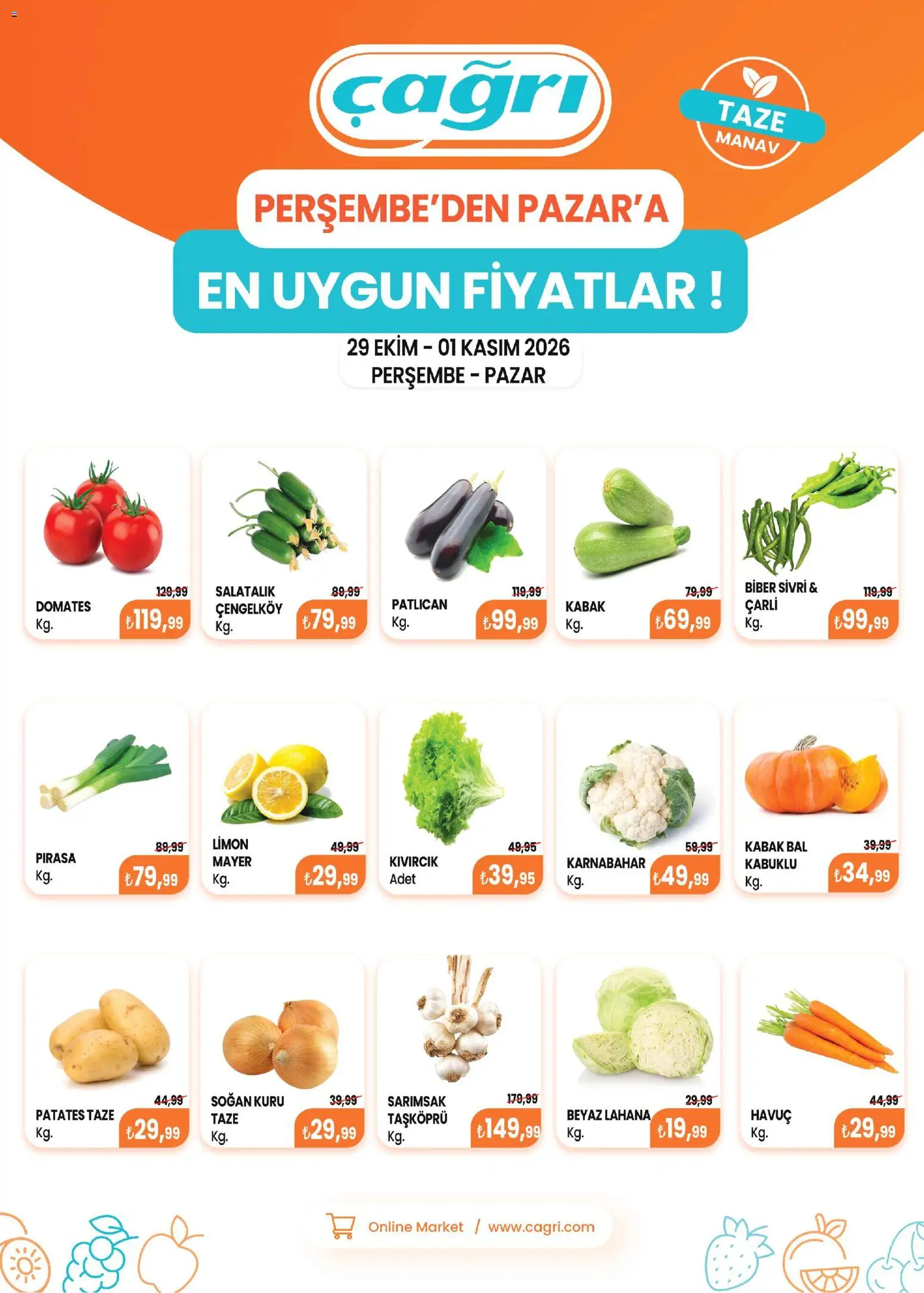 Çağrı Market - Manav Katalog - 29 Ekim 2026 tarihinden itibaren geçerlidir | Sayfa: 2 | Ürünler: Kabak, Limon, Sarımsak, Karnabahar