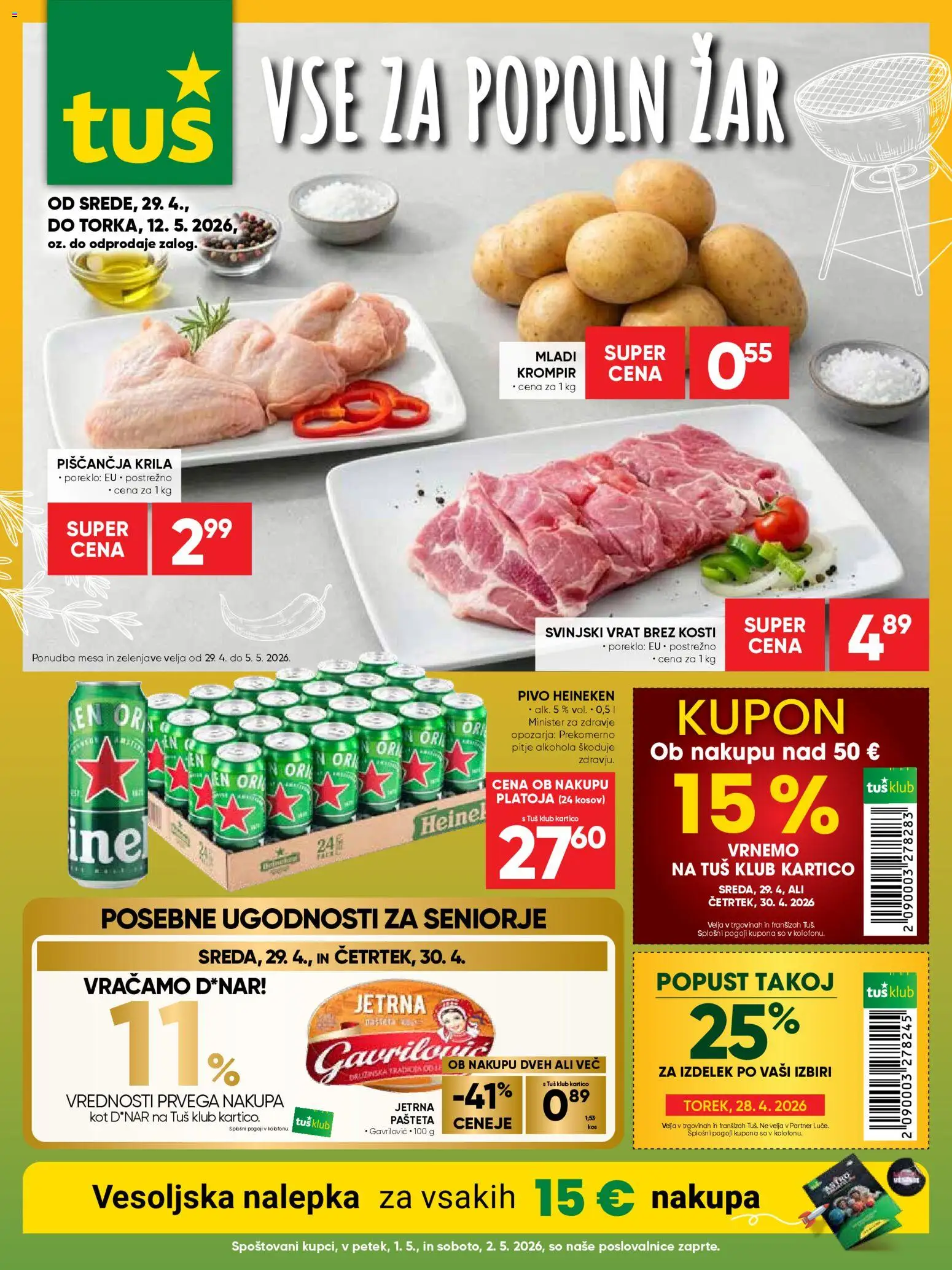 Novi Tuš katalog ponudbe – veljaven od 29.04.2026 | Stran: 1 | Izdelki: Zar, Piščančja krila, Pivo, Krompir