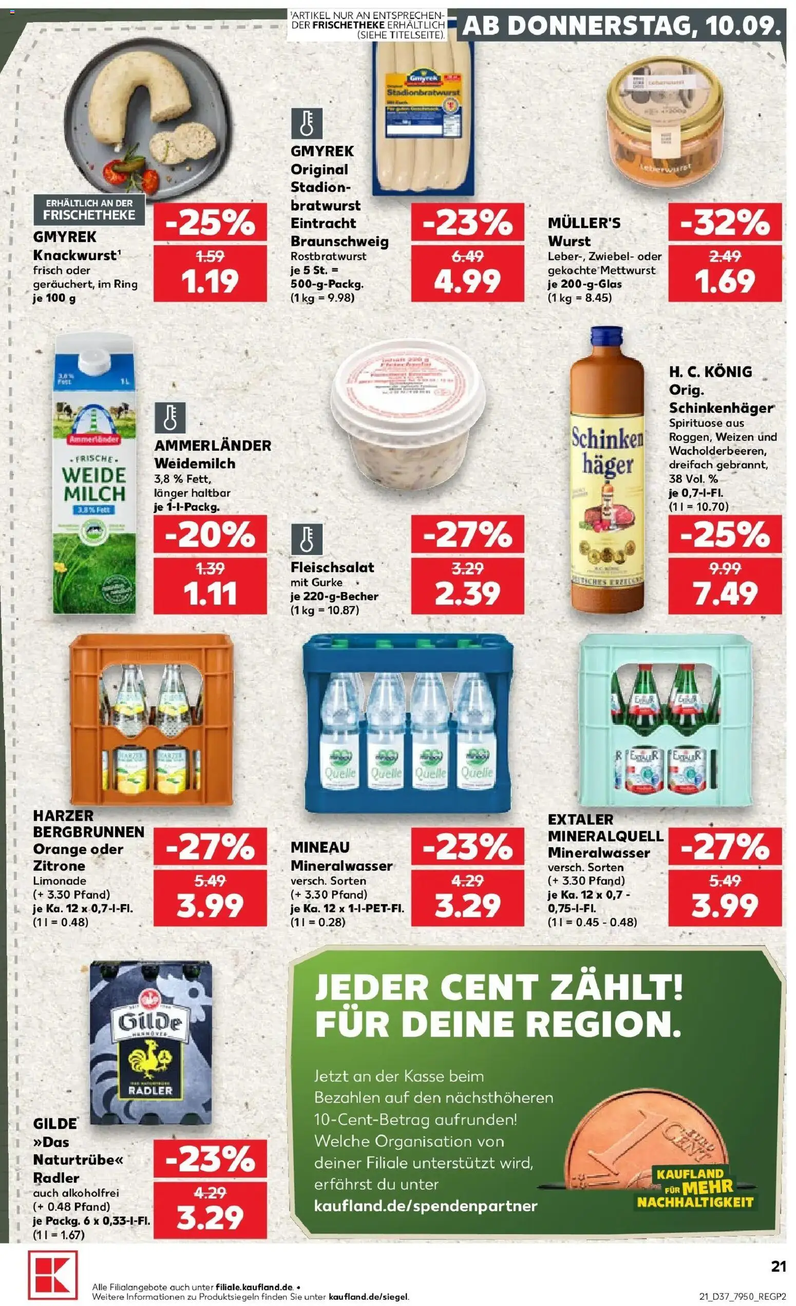 Prospekt Kaufland ab 10.09.2026 » Angebote Online zum Blättern | Seite: 21 | Produkte: Milch, Bratwurst, Mineralwasser, Schinken