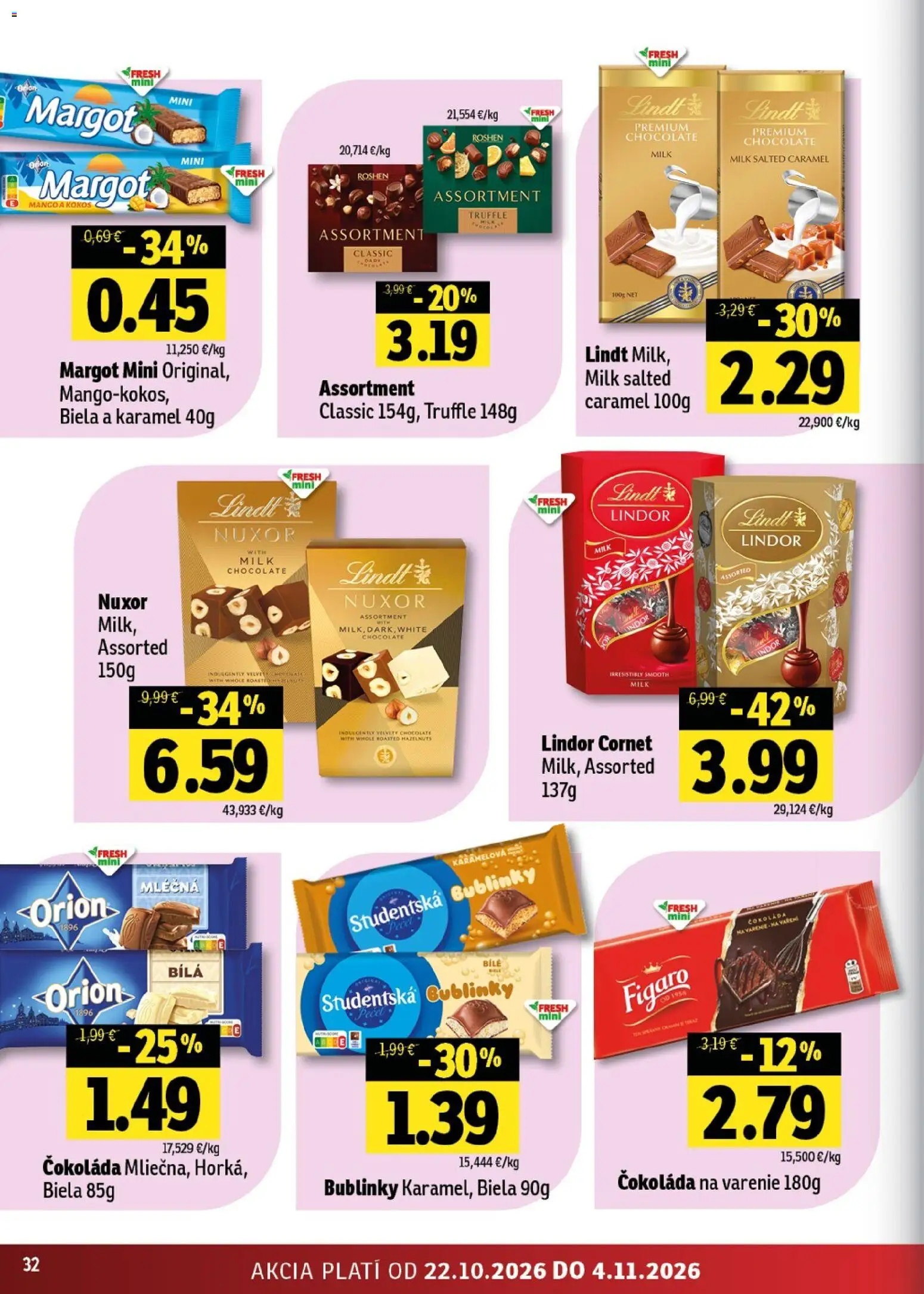 Nové Fresh akcie – leták je platný od 22.10.2026 | Strana: 32 | Produkty: Lindor, Čokoláda na varenie, Čokoláda, Mango