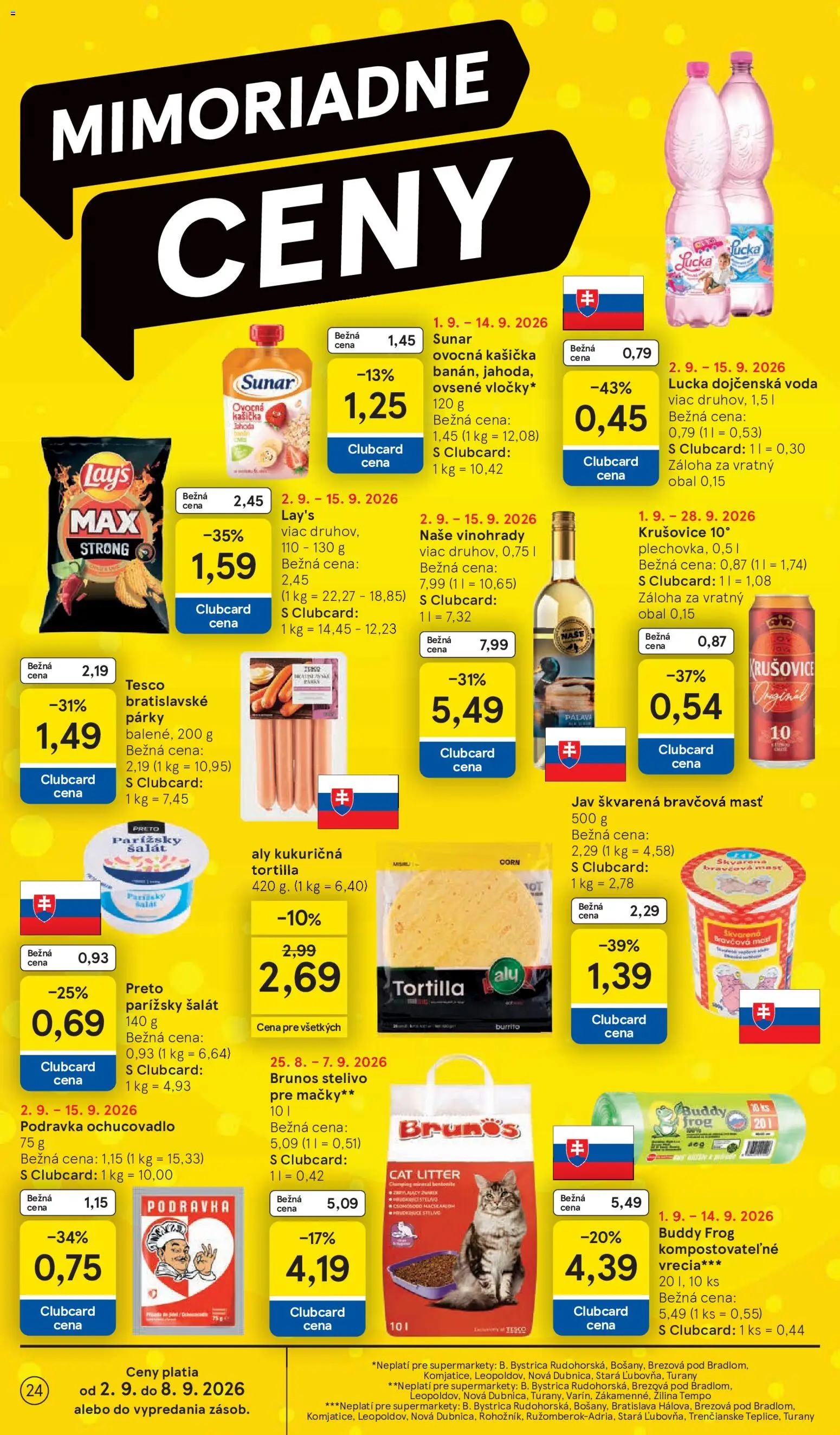 Nové Tesco akcie – leták je platný od 02.09.2026 | Strana: 24 | Produkty: Krušovice, Lucka, Párky, Dojčenská voda