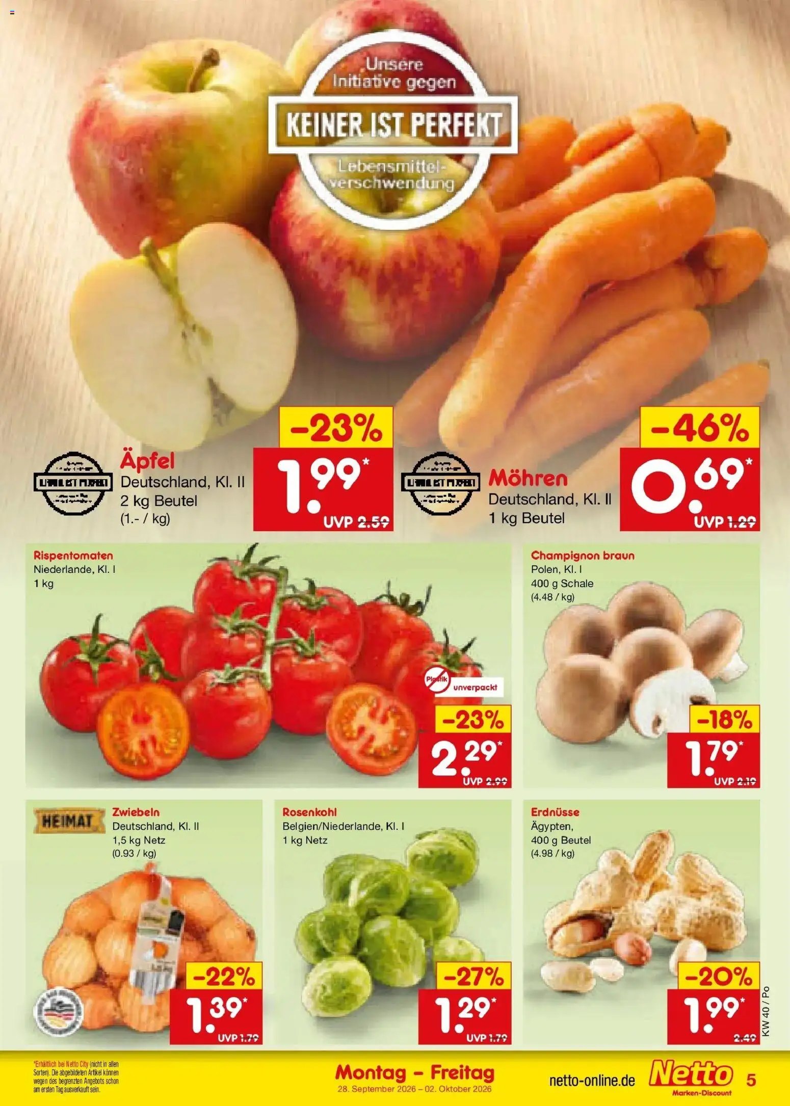 Netto Marken-Discount Prospekt Selb – gültig ab 28.09.2026 | Seite: 5 | Produkte: Erdnüsse, Äpfel, Mohren, Zwiebeln