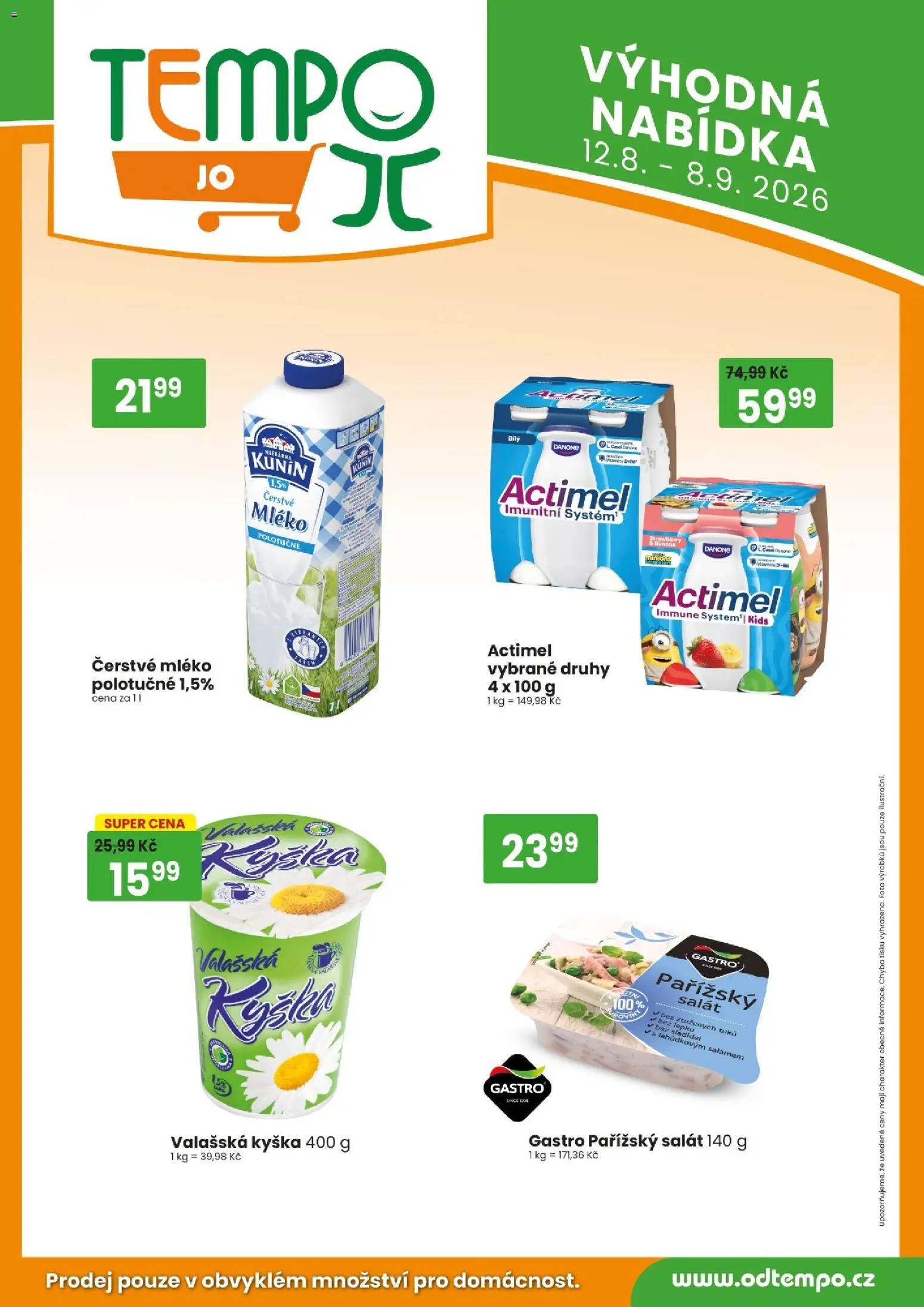 Tempo leták - JO od 12.08.2026 | Strana: 4 | Produkty: Mléko, Salát, Actimel