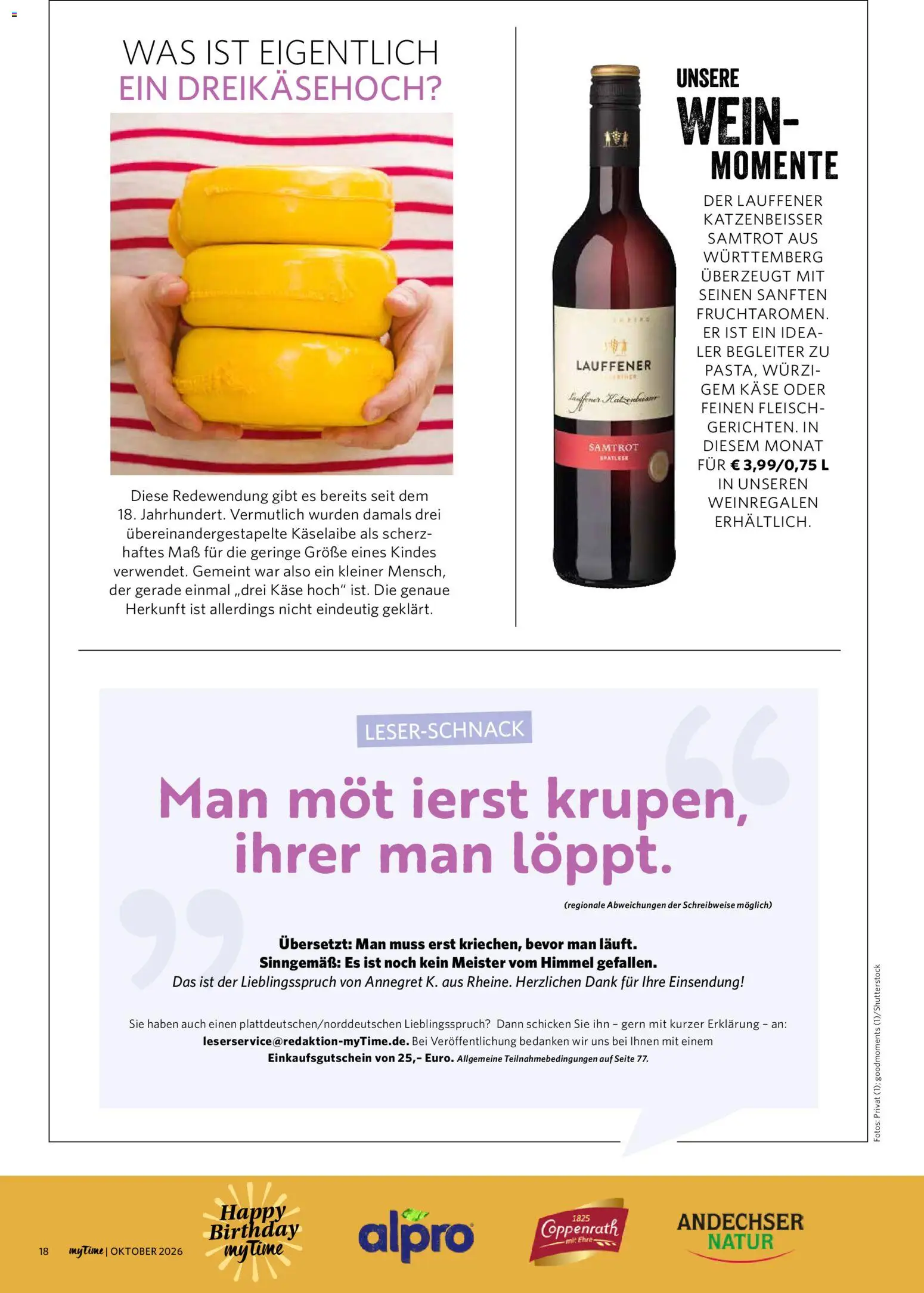 Famila Nordwest myTime Oktober 2026 – gültig ab 01.10.2026 | Seite: 18 | Produkte: Käse, Alpro, Wein, Fleisch