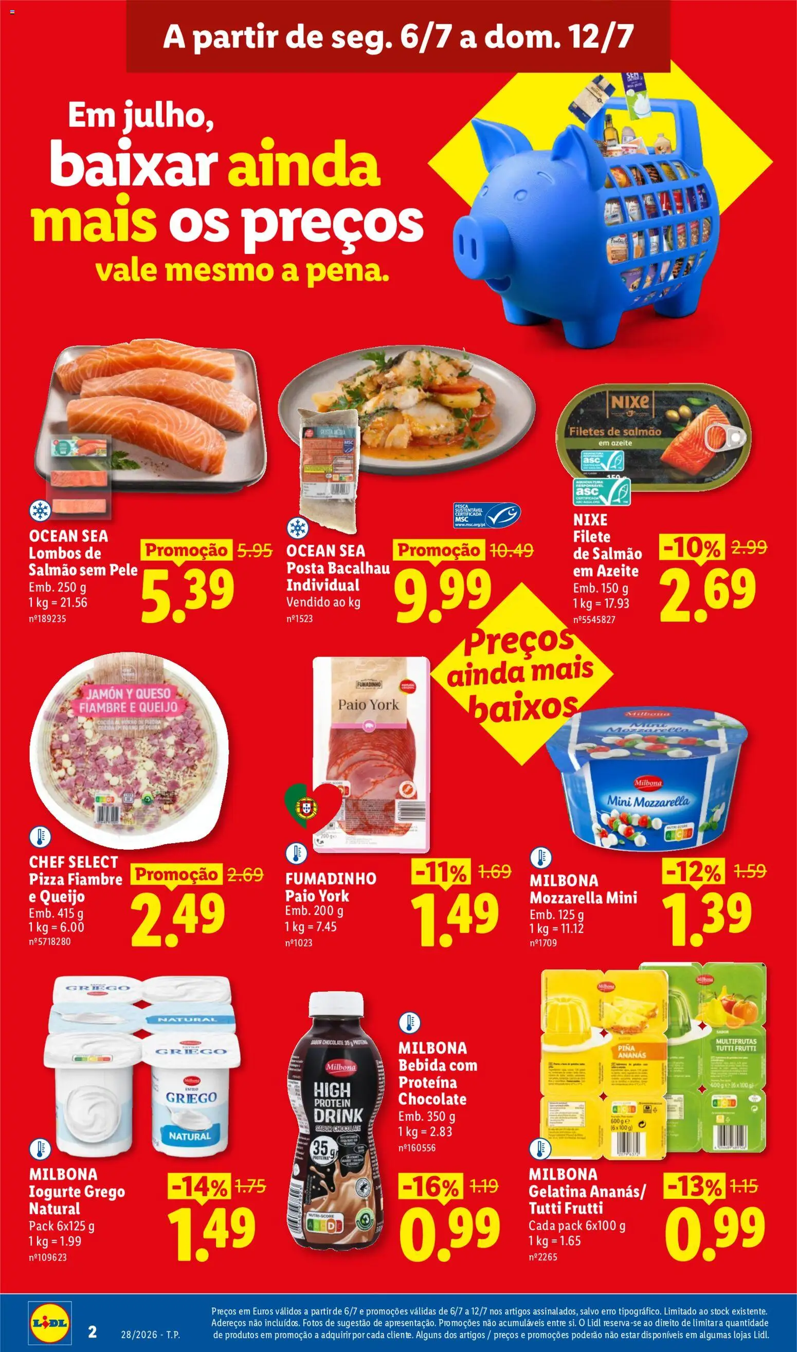 Lidl folheto │ válido de 06/07/2026 | Página: 2 | Produtos: Salmão, Iogurte, Chocolate, Pizza