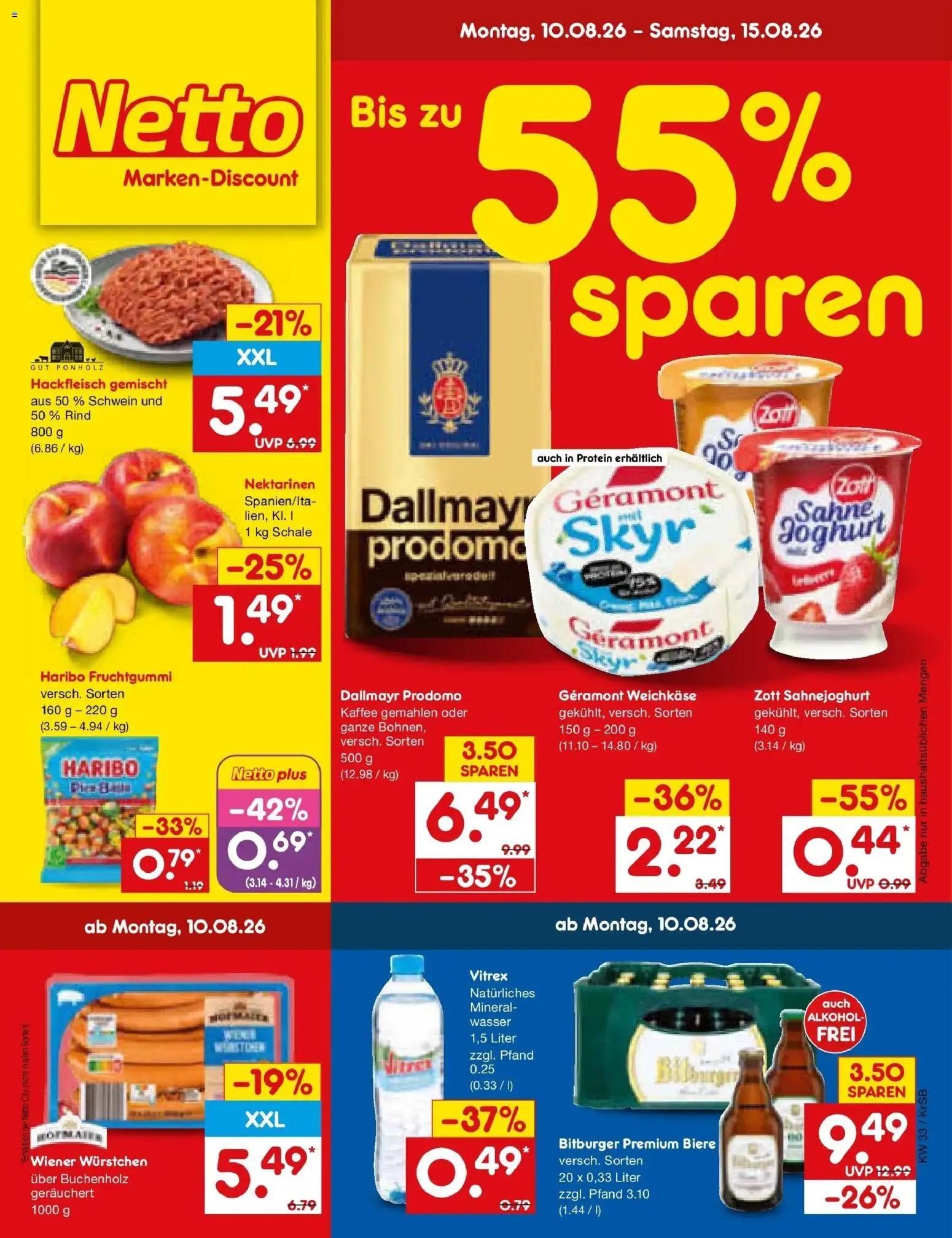 Netto Marken-Discount Prospekt Jüchen (ab 10.08.2026) » Angebote | Seite: 1 | Produkte: Wiener wurstchen, Haribo, Nektarinen, Dallmayr