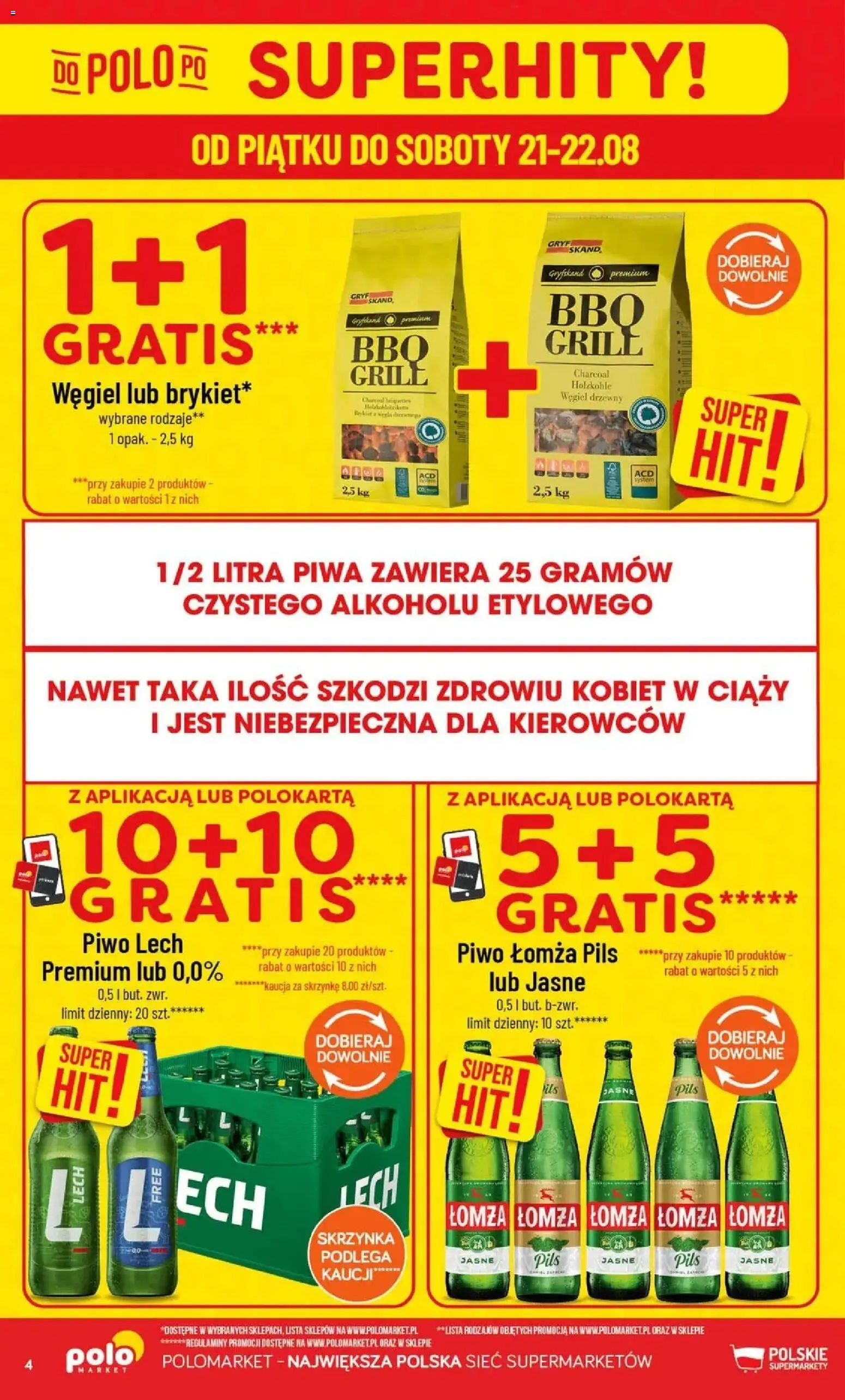 Nowa POLOmarket gazetka od jutra 19.08.2026 | Strona: 4 | Produkty: Lech, Węgiel drzewny, Grill, Piwo