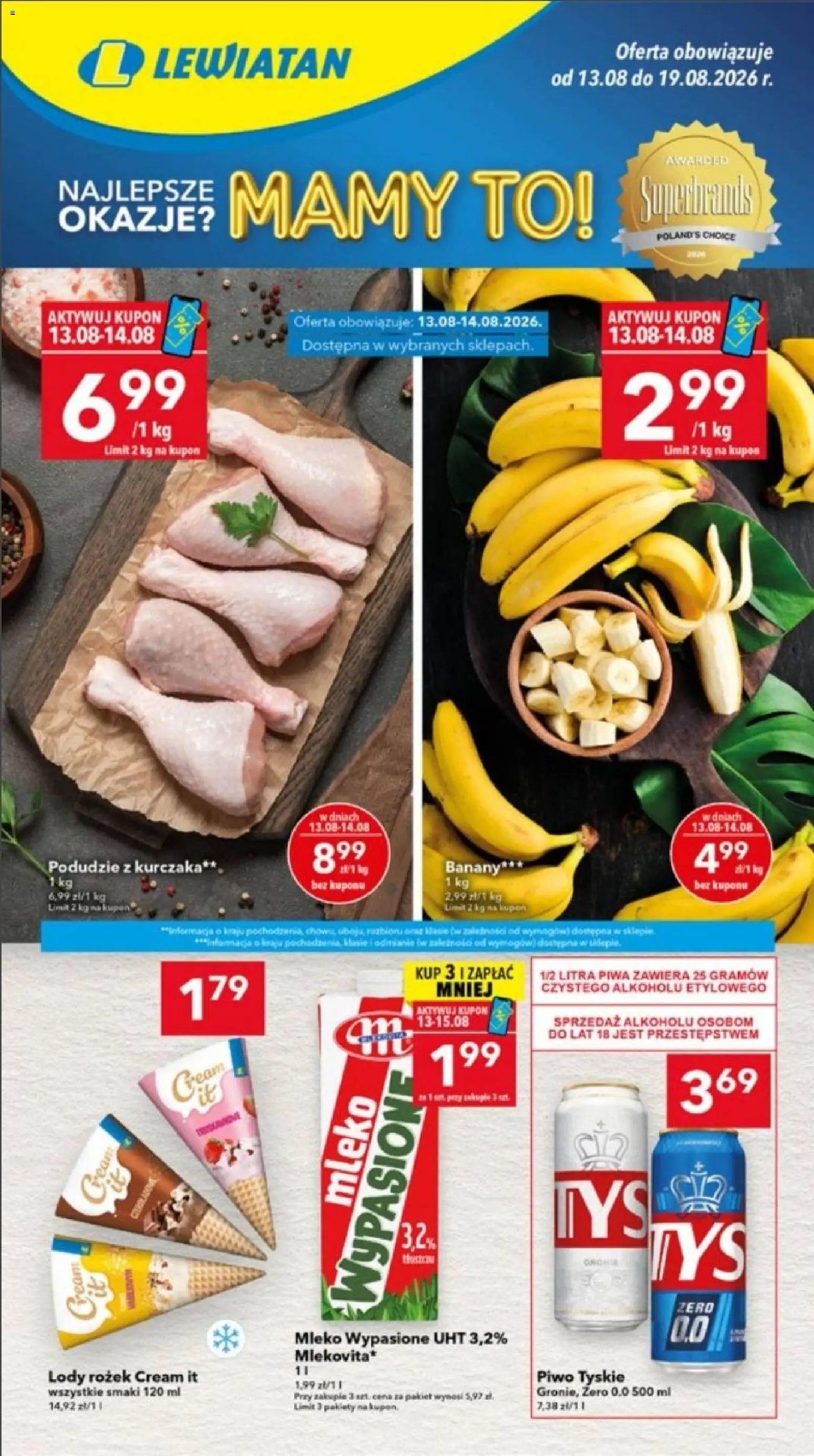 Lewiatan gazetka - Ostrów Wielkopolski od 13.08.2026 | Strona: 1 | Produkty: Mleko, Piwo, Banany, Lody