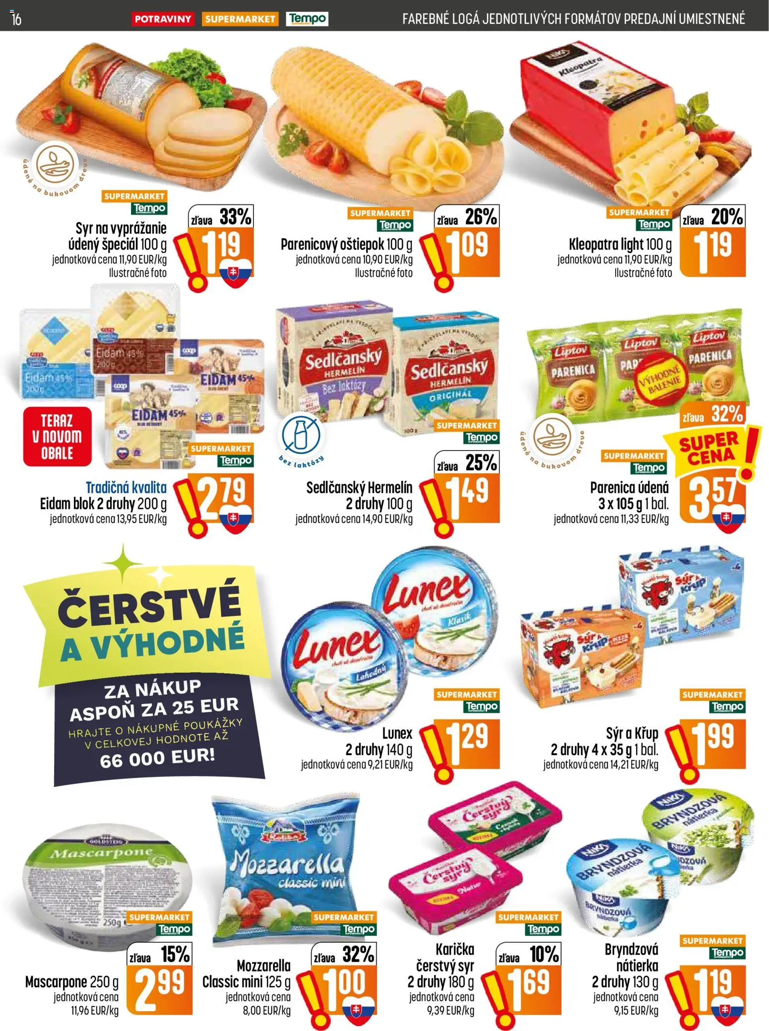 Nové COOP Jednota akcie – leták je platný od 13.08.2026 | Strana: 16 | Produkty: Eidam 45%, Mozzarella, Nátierka, Mascarpone
