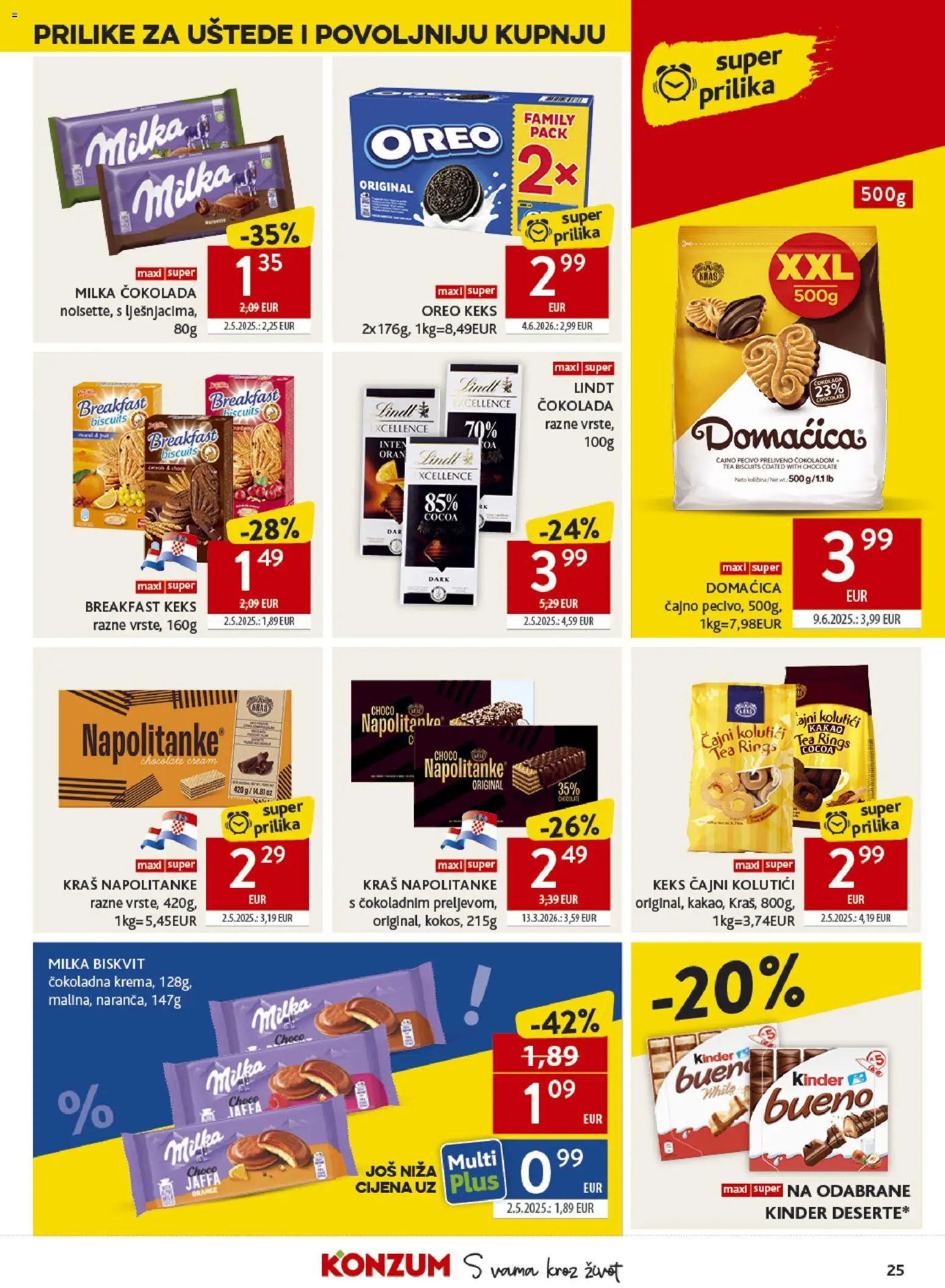 Konzum katalog | vrijedi od 08.07.2026 | Stranica: 25 | Proizvodi: Čajni kolutići, Čokolada, Napolitanke, Milka