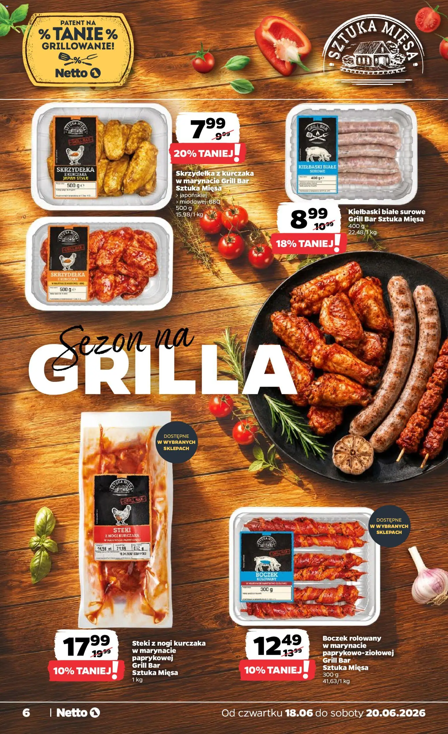Netto gazetka od czwartku spożywcza od 18.06.2026 | Strona: 6 | Produkty: Skrzydełka z kurczaka, Grill, Kiełbaski, Boczek