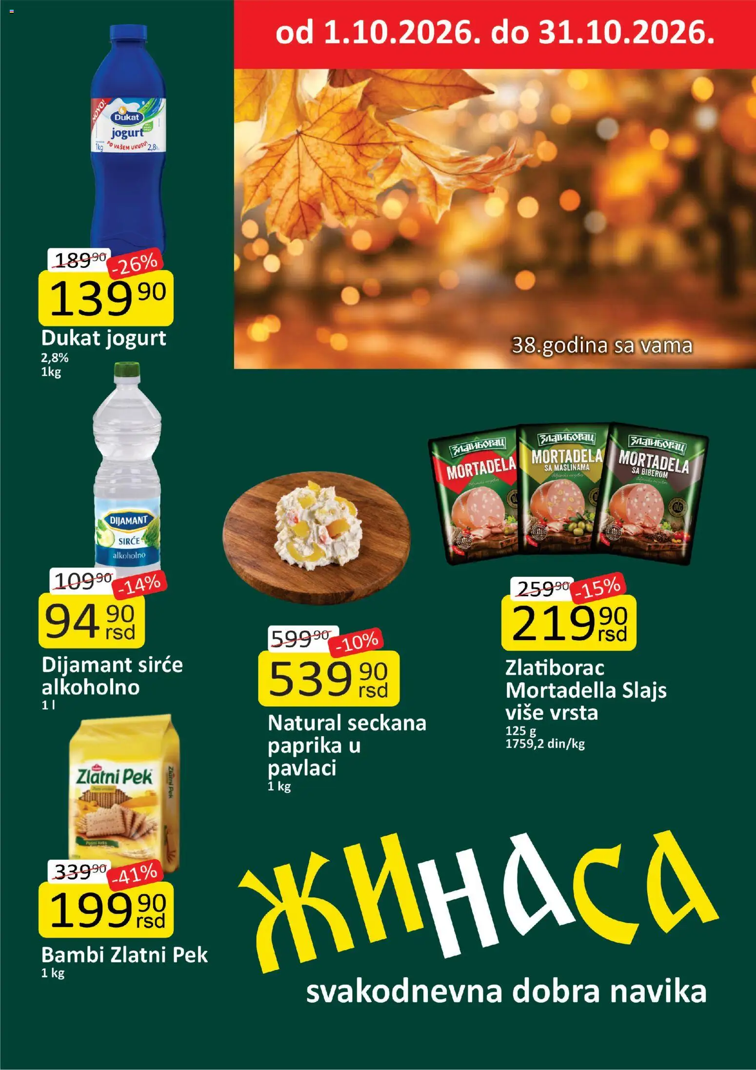 ŽINASA katalog - važi od 01.10.2026 | Strana: 1 | Proizvode: Paprika, Mortadela, Jogurt, Sirće