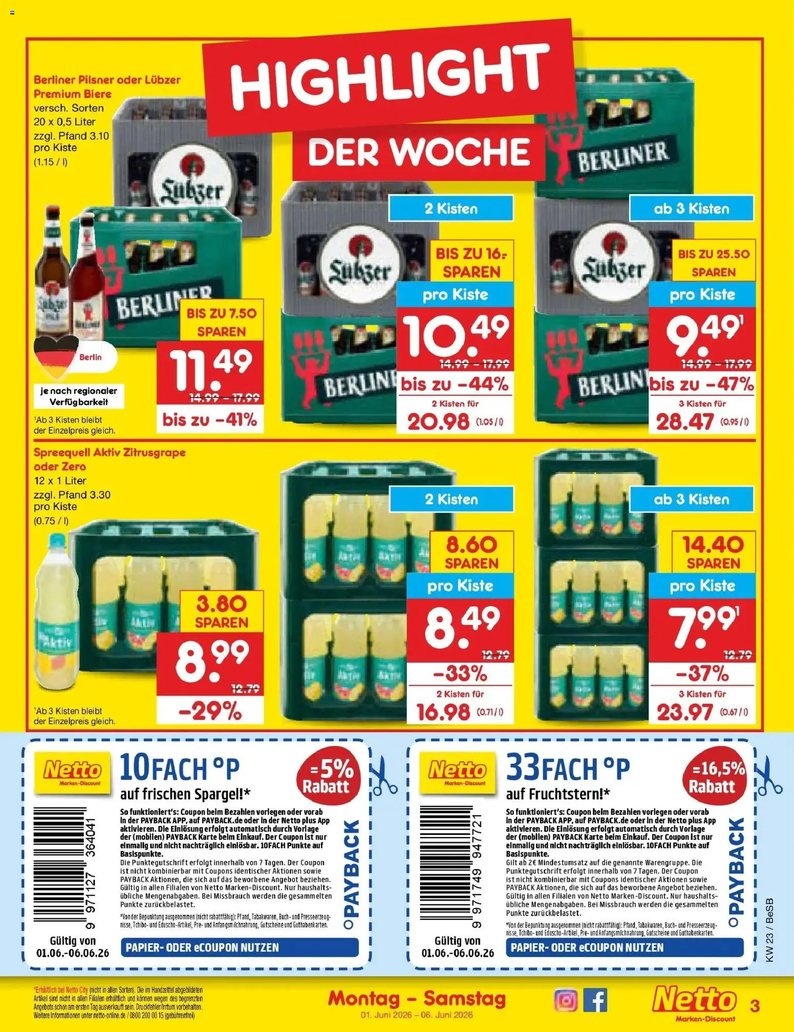 Netto Marken-Discount Prospekt Kremmen – gültig ab 01.06.2026 | Seite: 3 | Produkte: Berliner, Spargel, Lubzer, Berliner pilsner