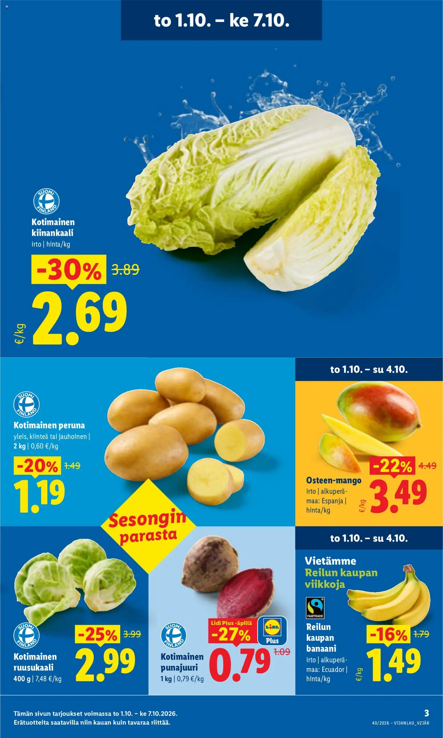 Lidl tarjoukset – voimassa 01/10/2026 alkaen | Sivu: 3 | Tuotteet: Mango, Ruusukaali, Peruna, Punajuuri