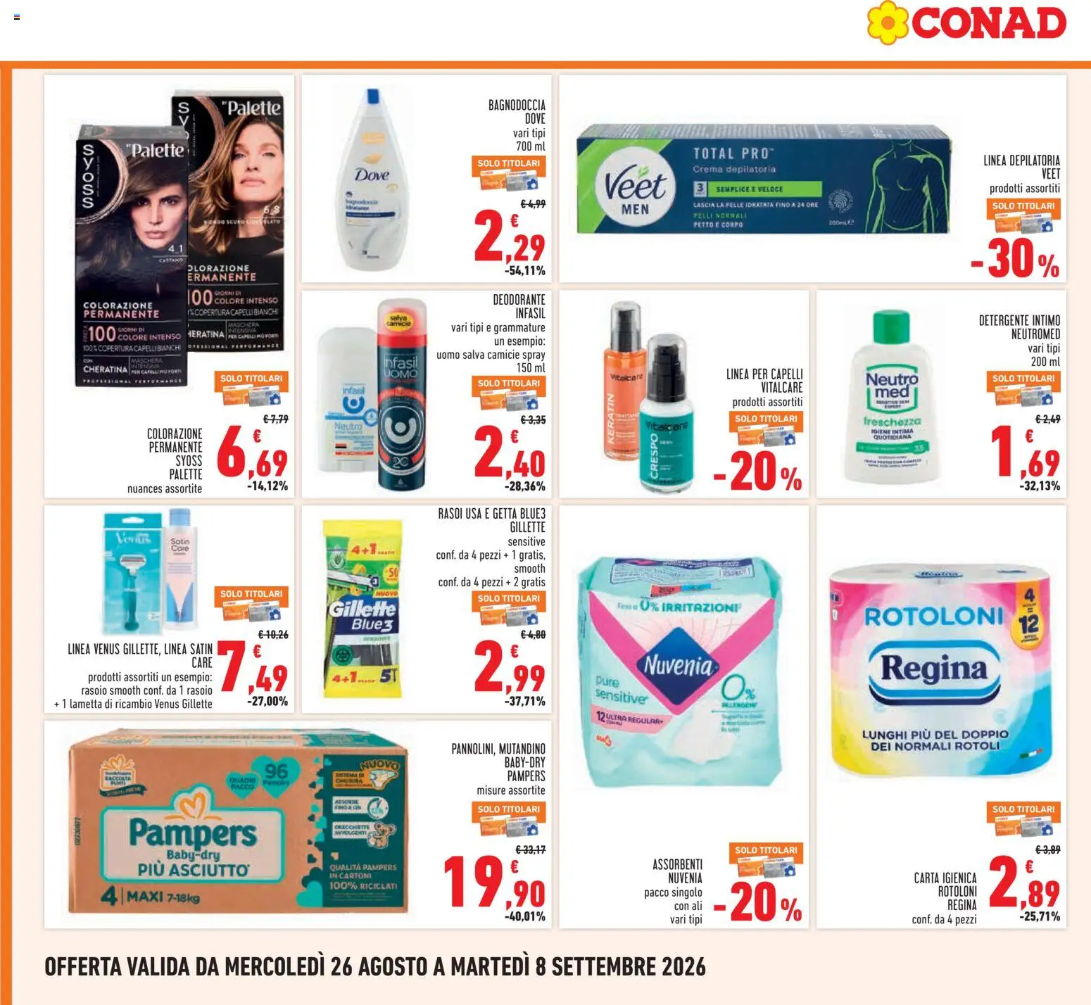 Volantino Conad del 26/08/2026 | Pagina: 22 | Prodotti: Crema, Maschera, Igiene intima, Deodorante