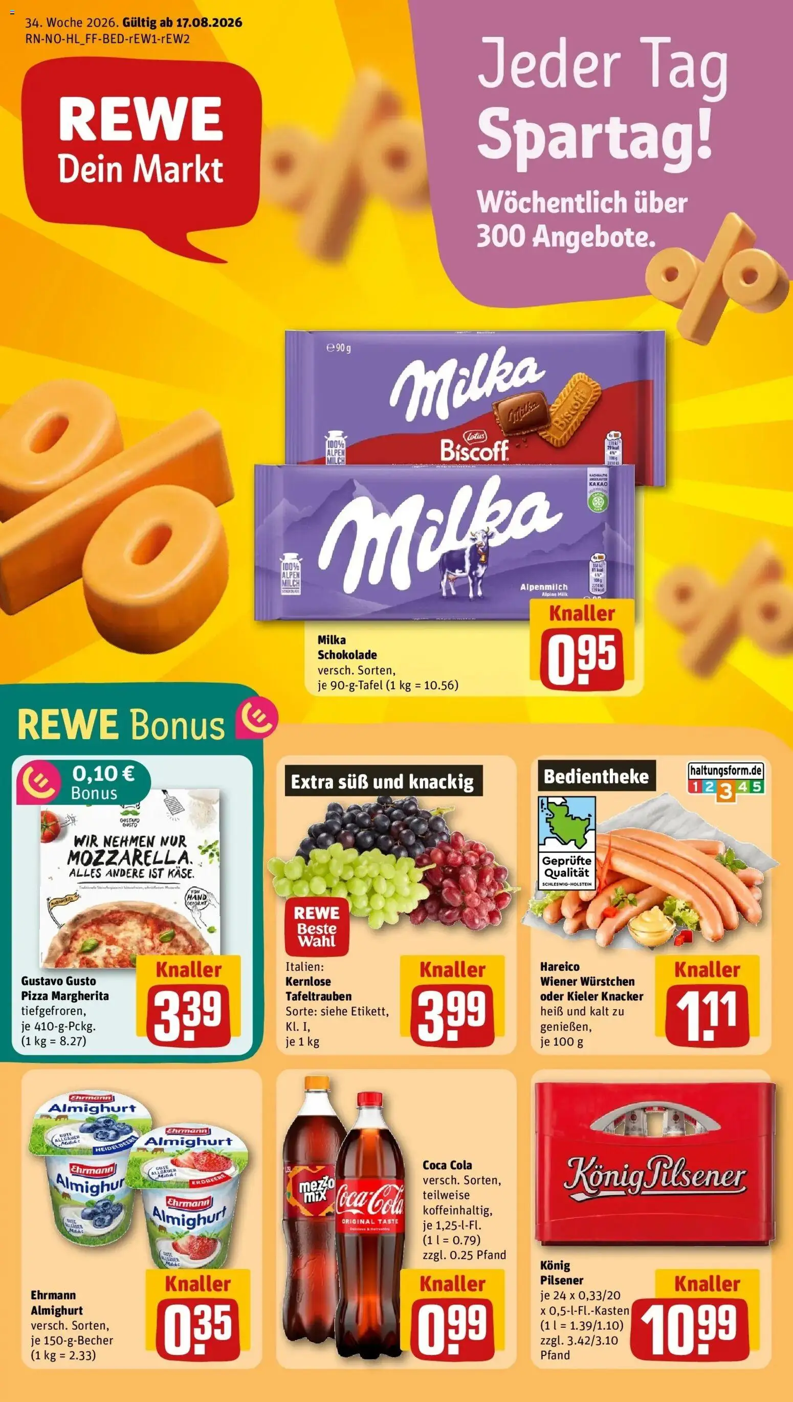 REWE Prospekt ab 17.08.2026 zum Blättern » Angebote | Seite: 1 | Produkte: Wiener wurstchen, Ehrmann almighurt, Milka schokolade, Pizza