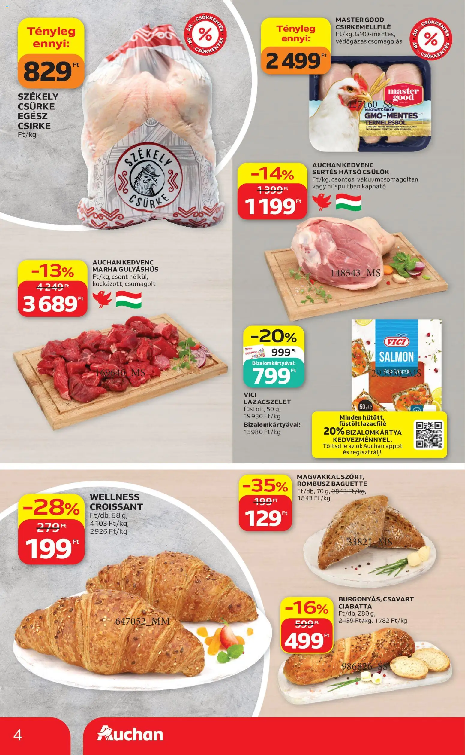 Auchan akciós ujság - amely érvényes a következő dátumtól: 2026.07.02. | Oldal: 4 | Termékek: Croissant, Egész csirke, Lazacfilé, Ciabatta